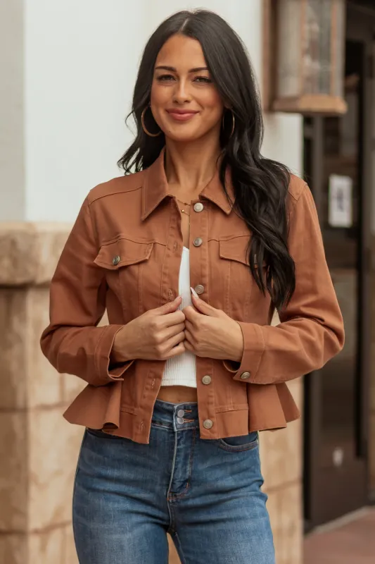 Light Spice Denim Button Up Peplum Jacket sold by Lime Lush