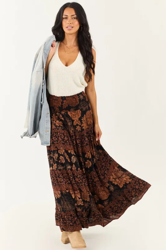 Black and Copper Floral Print Maxi Skirt sold by Lime Lush