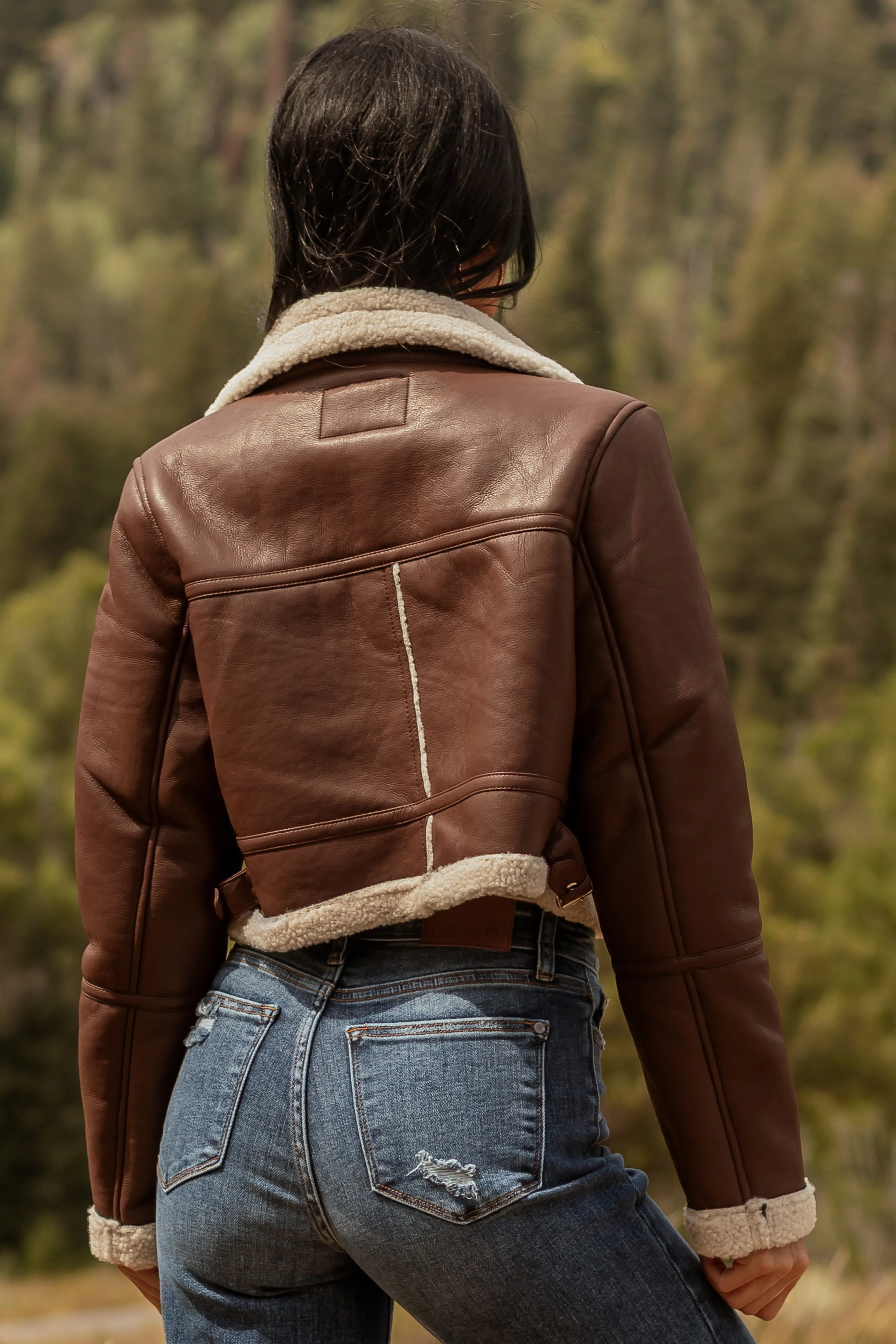 Chocolate Faux Leather Sherpa Lined Jacket sold by Lime Lush product image thumbnail 5