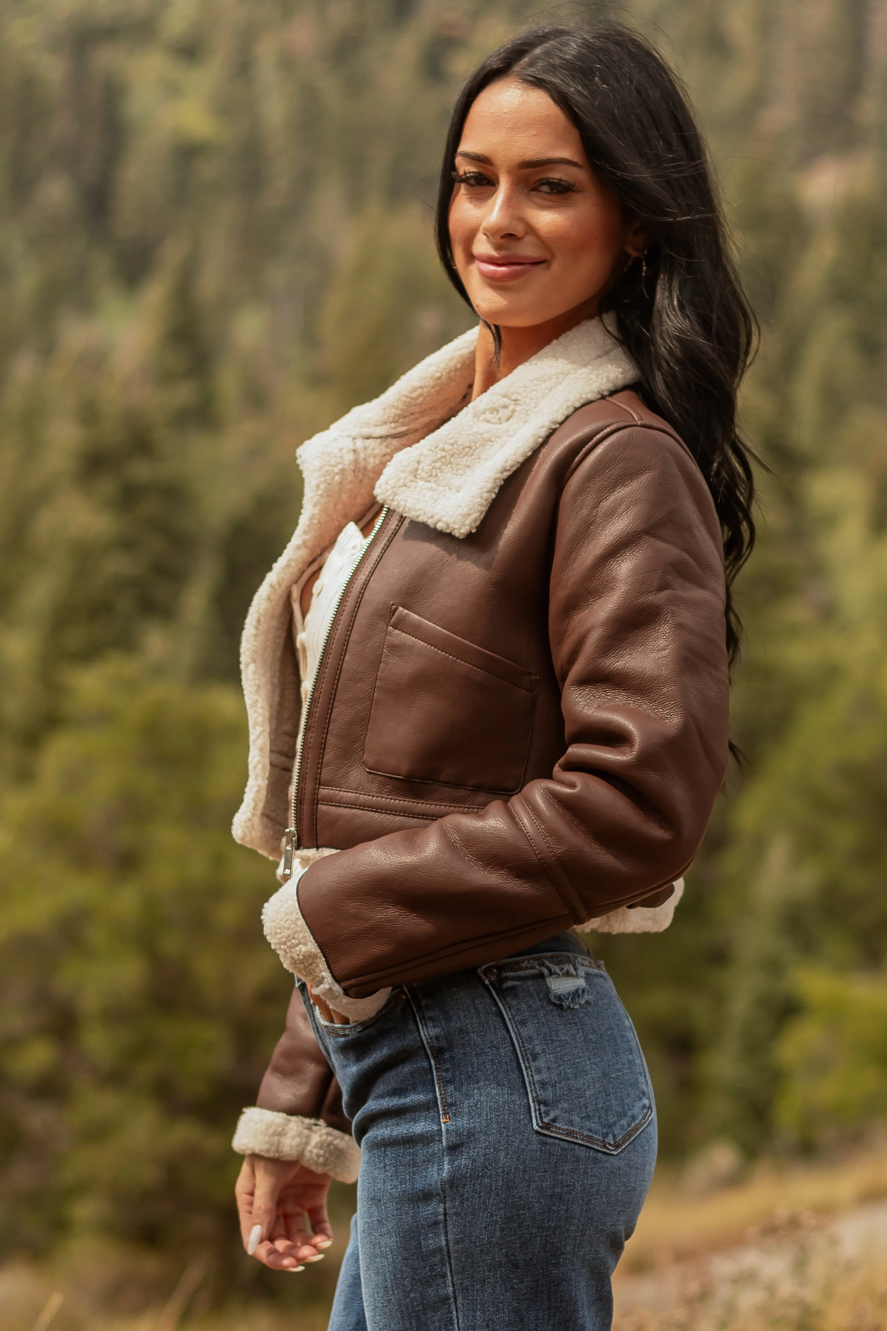 Chocolate Faux Leather Sherpa Lined Jacket sold by Lime Lush product image thumbnail 4