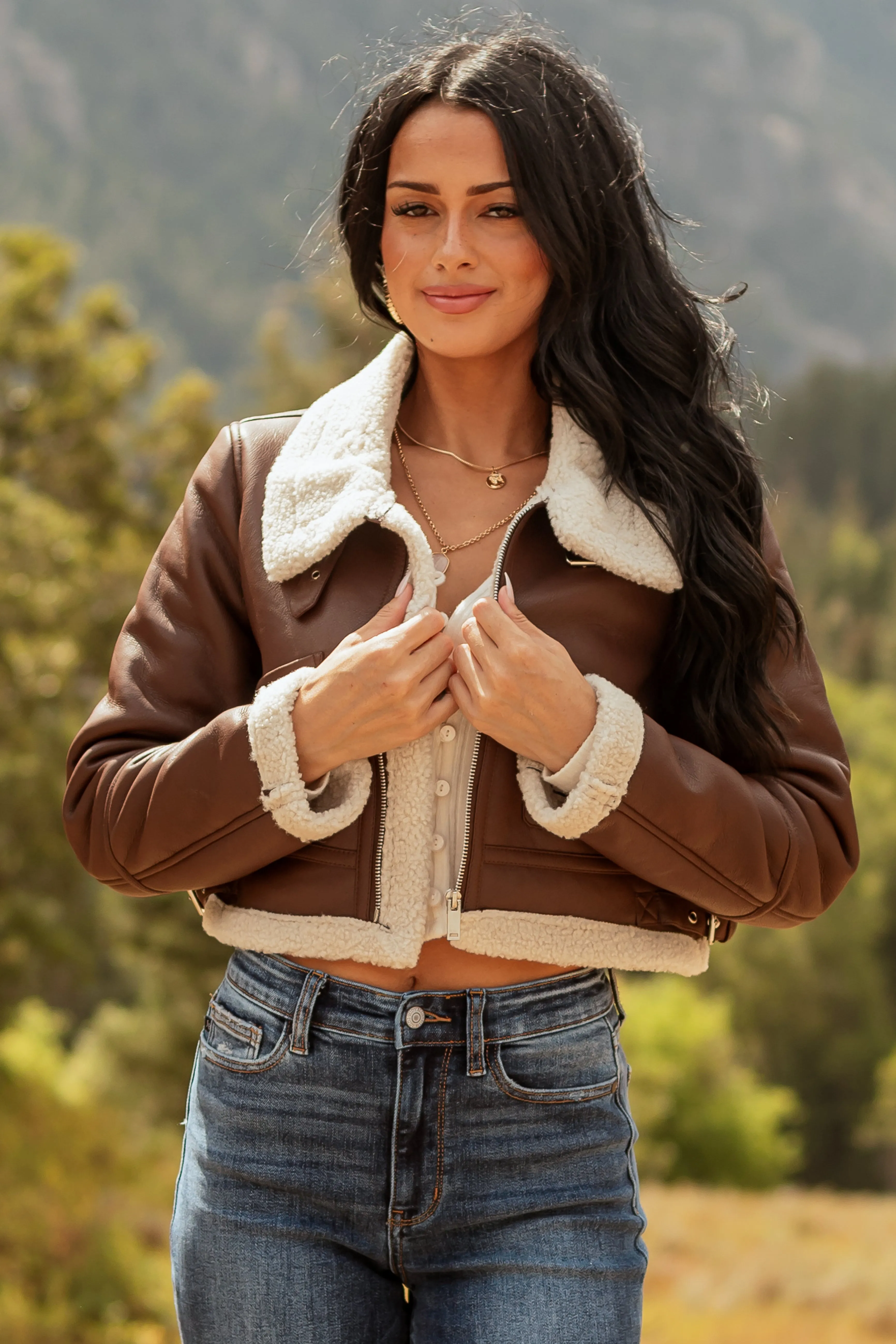 Chocolate Faux Leather Sherpa Lined Jacket sold by Lime Lush