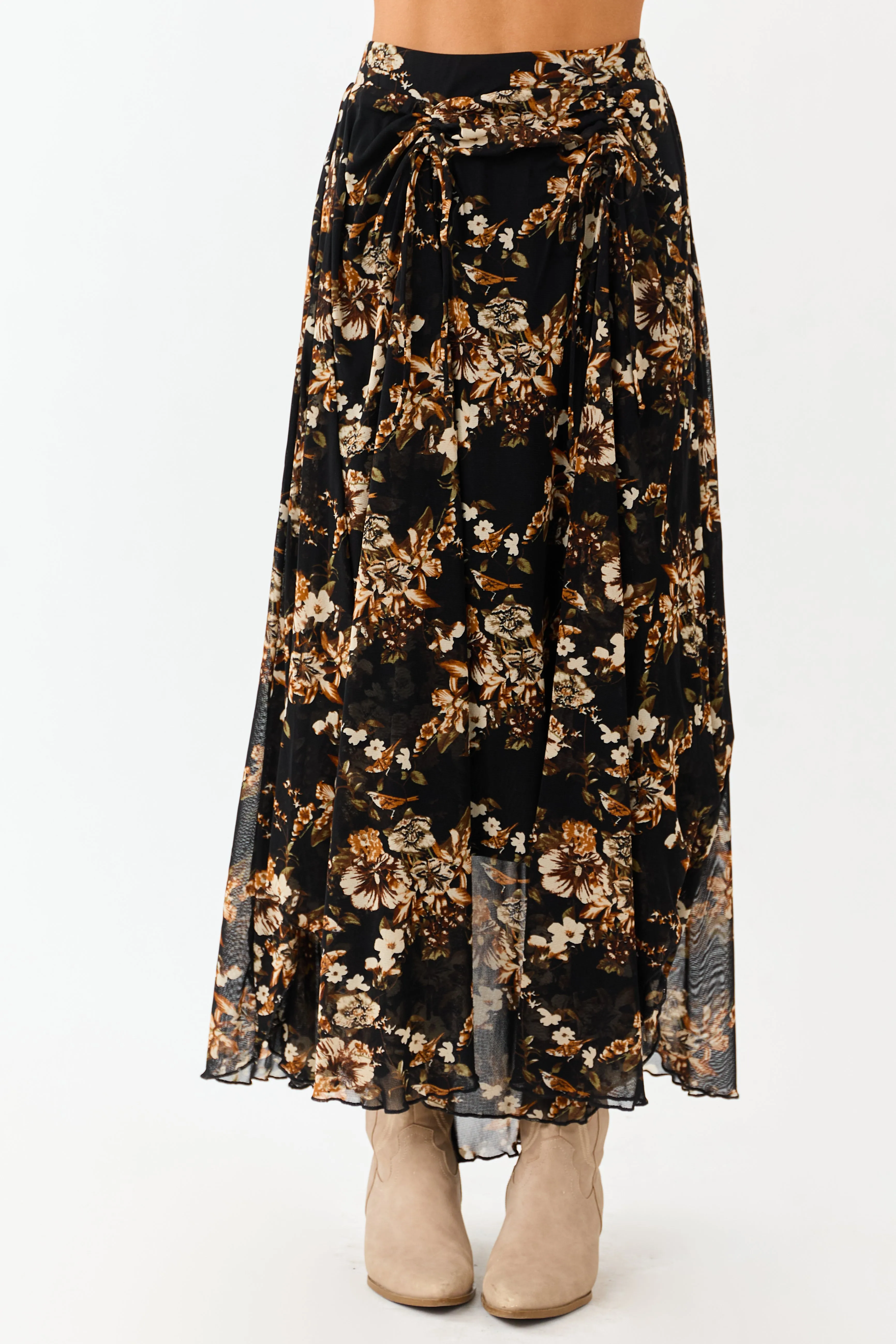Black Floral Print Mesh Handkerchief Hem Maxi Skirt sold by Lime Lush product image thumbnail 2