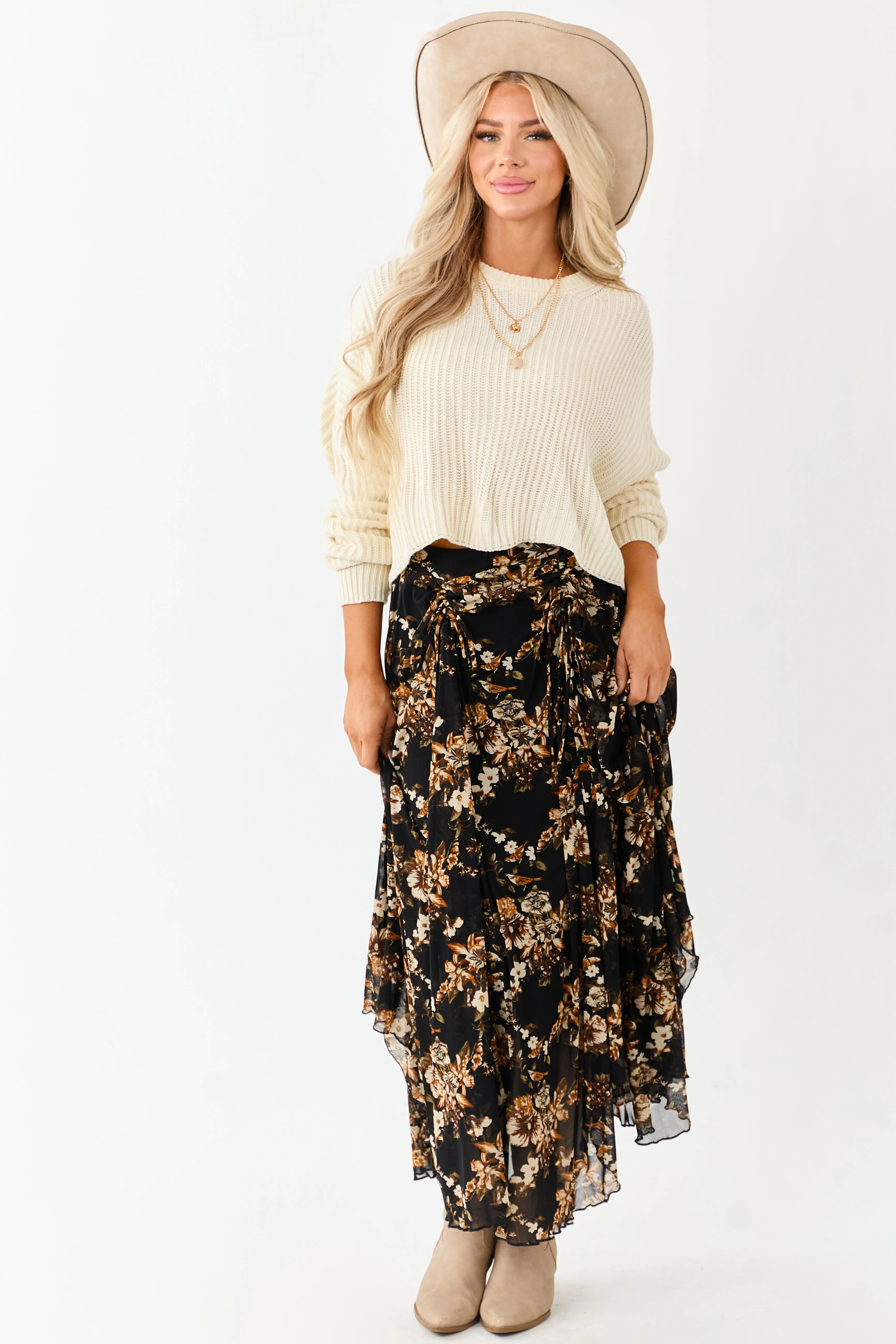 Black Floral Print Mesh Handkerchief Hem Maxi Skirt sold by Lime Lush product image thumbnail 5