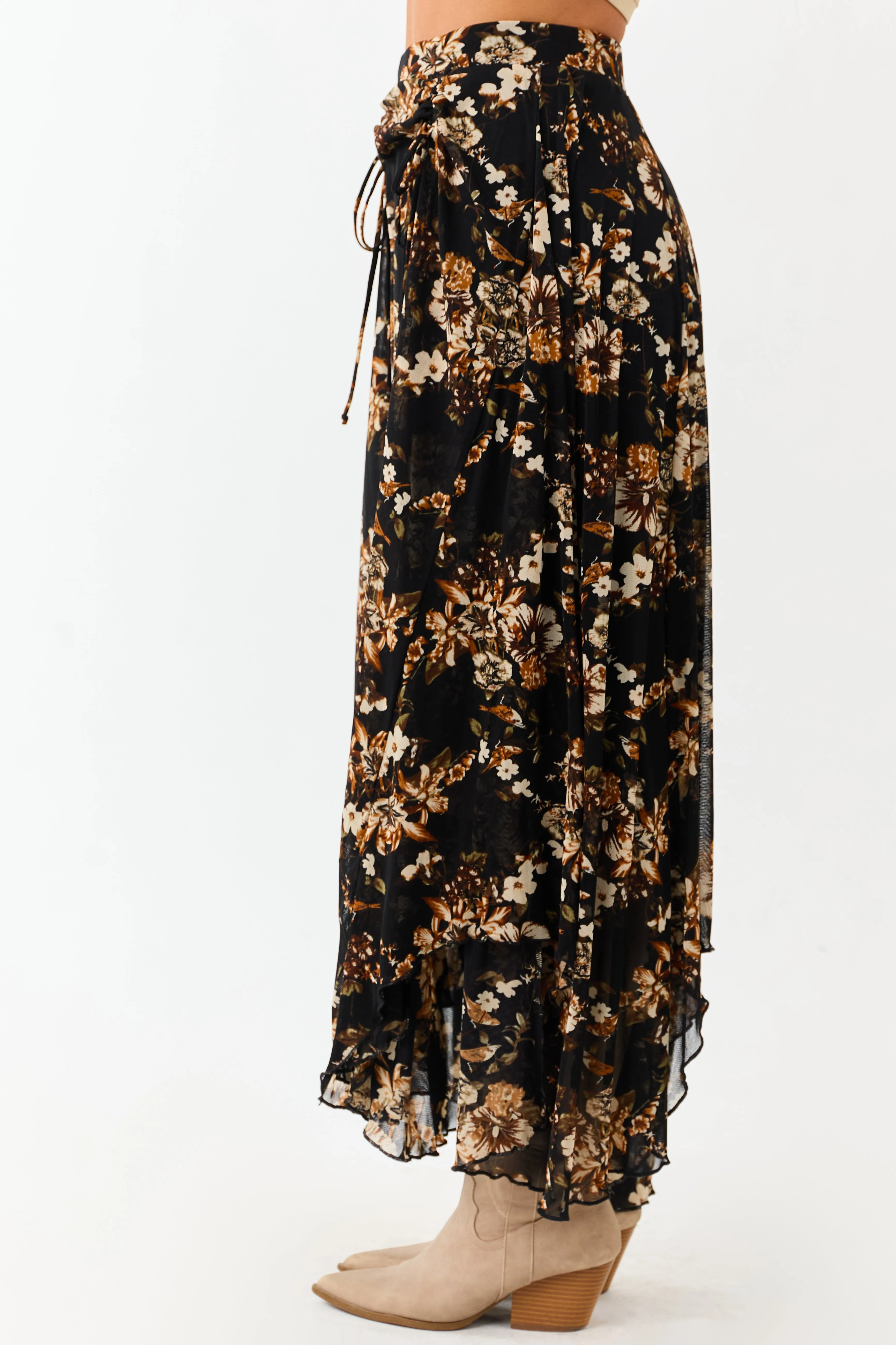 Black Floral Print Mesh Handkerchief Hem Maxi Skirt sold by Lime Lush product image thumbnail 3