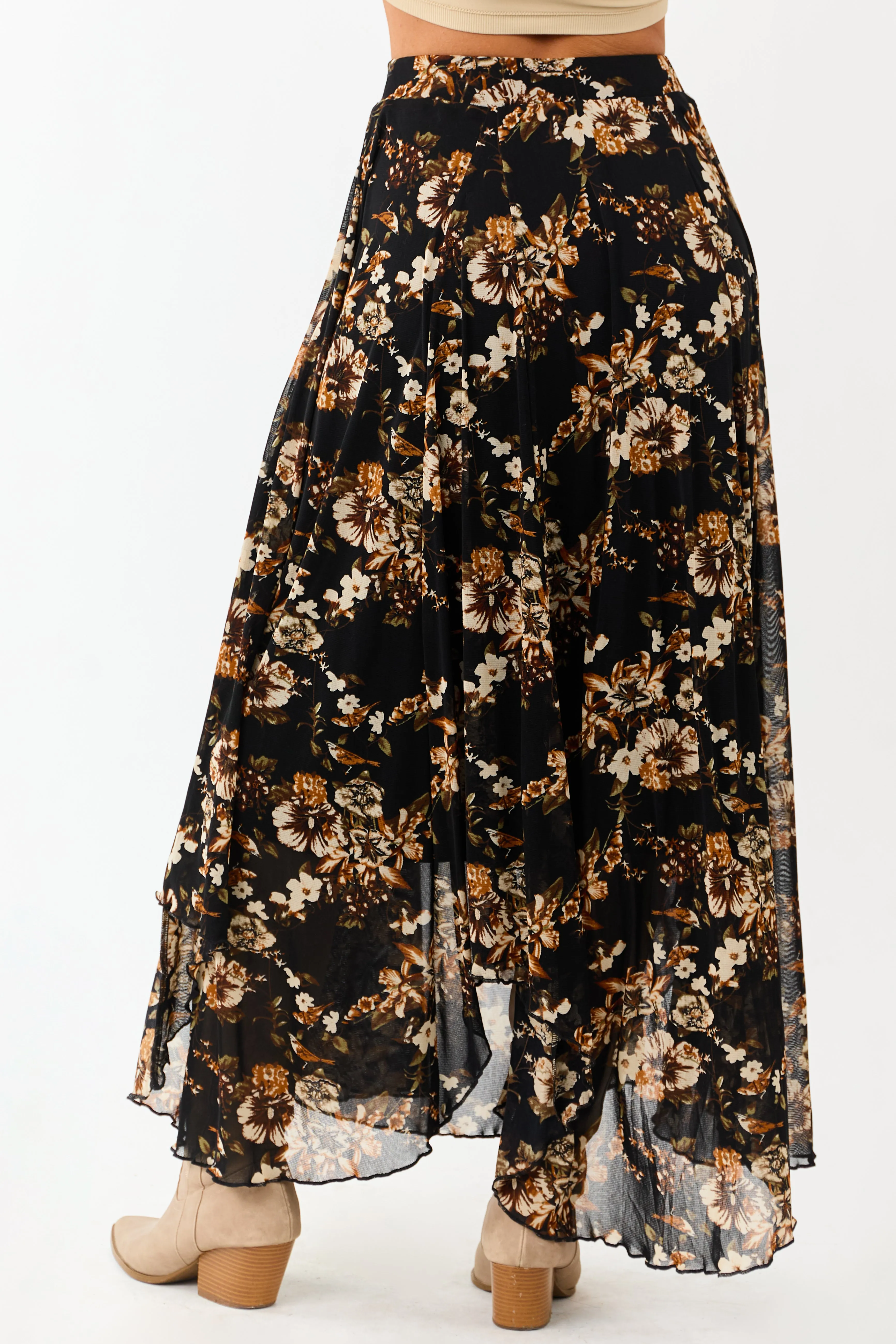 Black Floral Print Mesh Handkerchief Hem Maxi Skirt sold by Lime Lush product image thumbnail 4