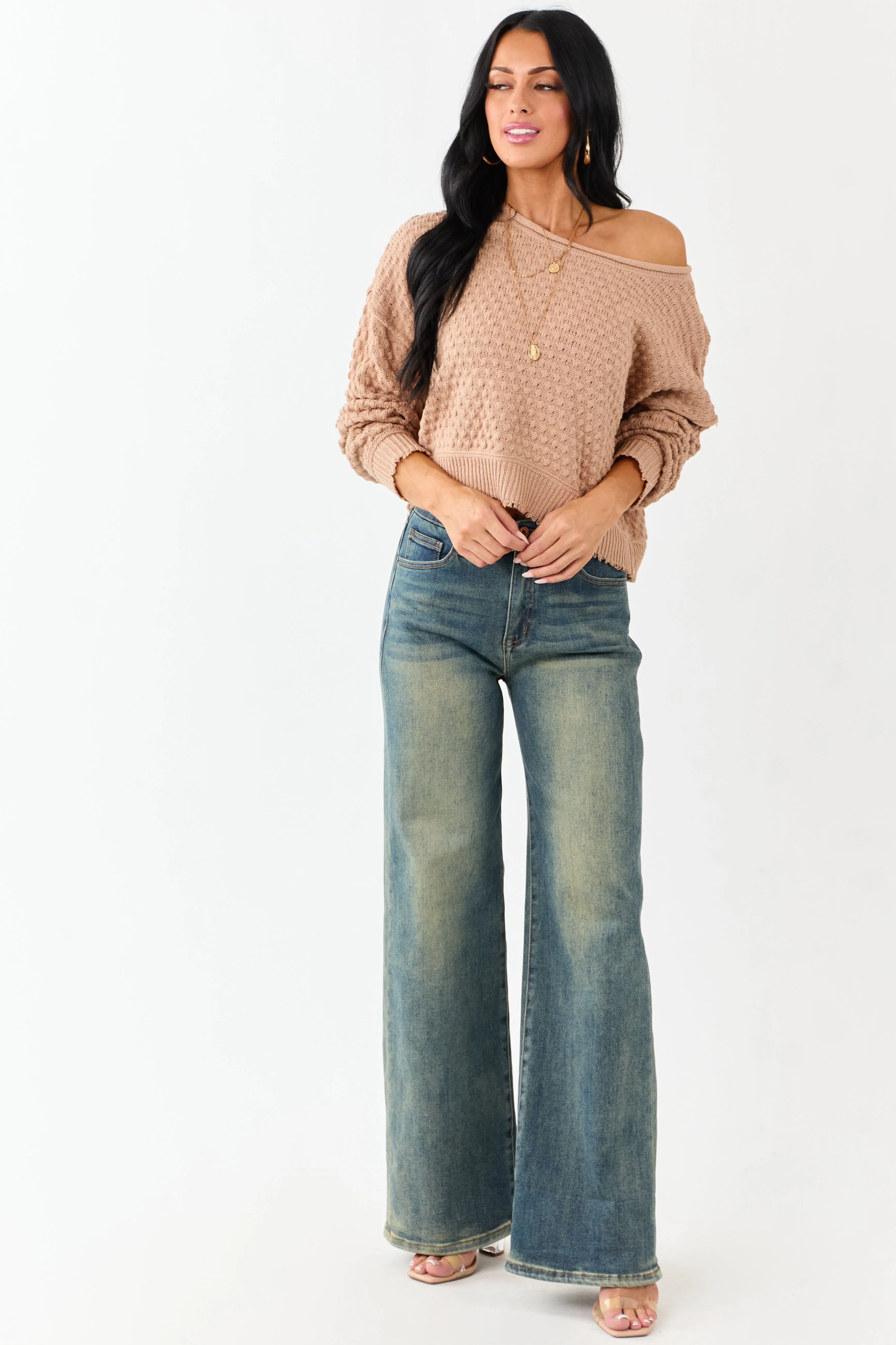 Cognac Soft Textured Knit Round Neck Boxy Sweater sold by Lime Lush product image thumbnail 2