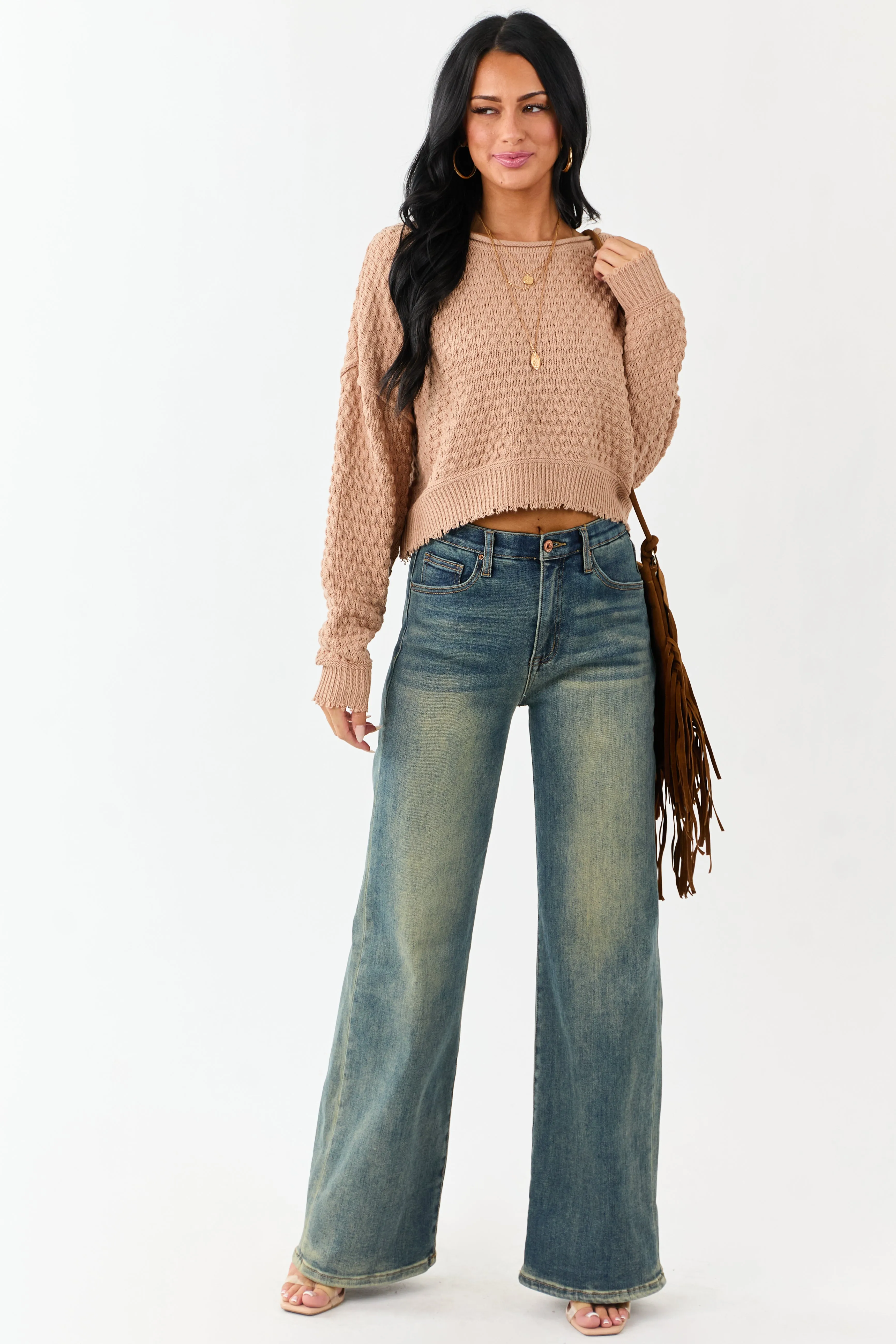 Cognac Soft Textured Knit Round Neck Boxy Sweater sold by Lime Lush product image thumbnail 4