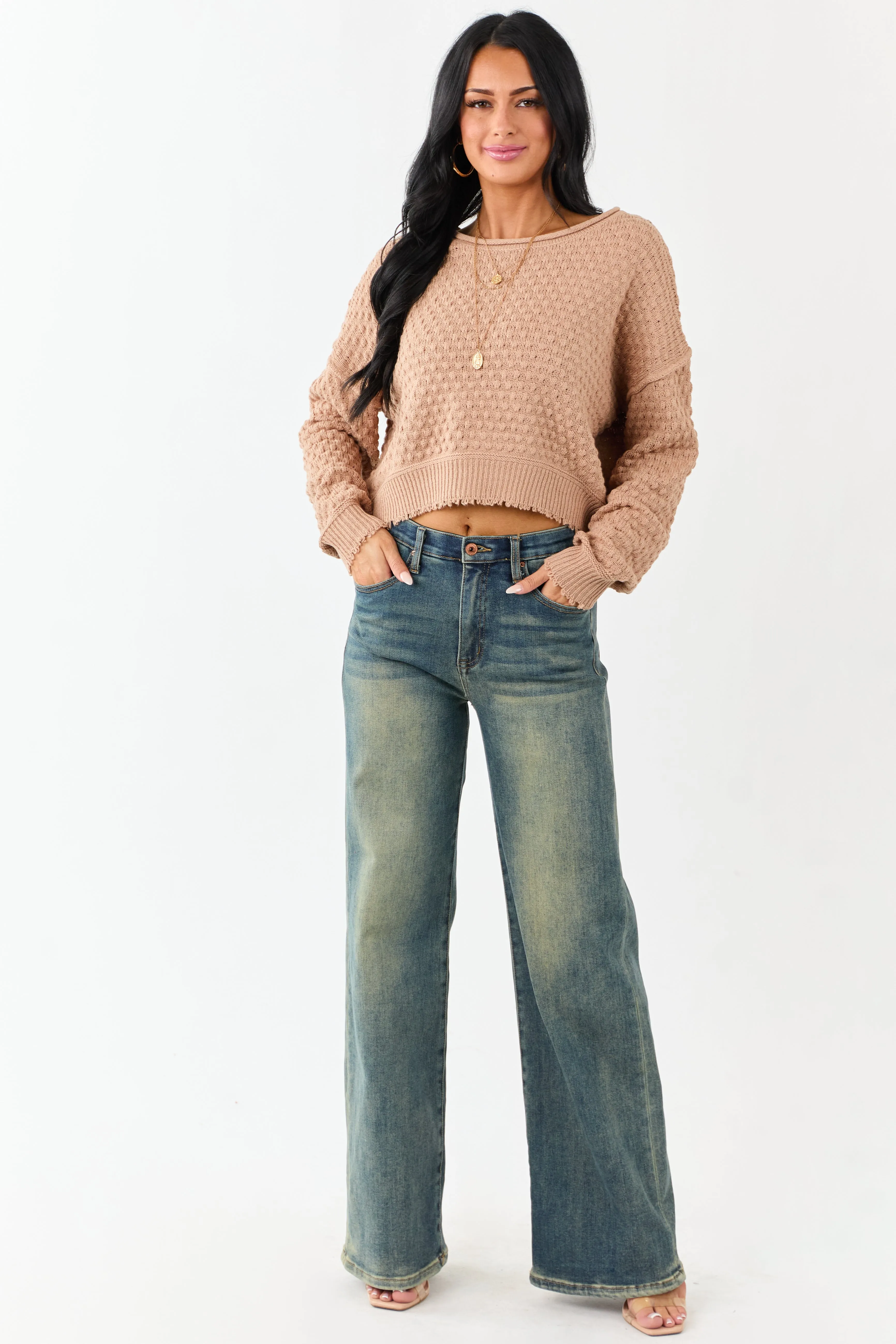 Cognac Soft Textured Knit Round Neck Boxy Sweater sold by Lime Lush product image thumbnail 3