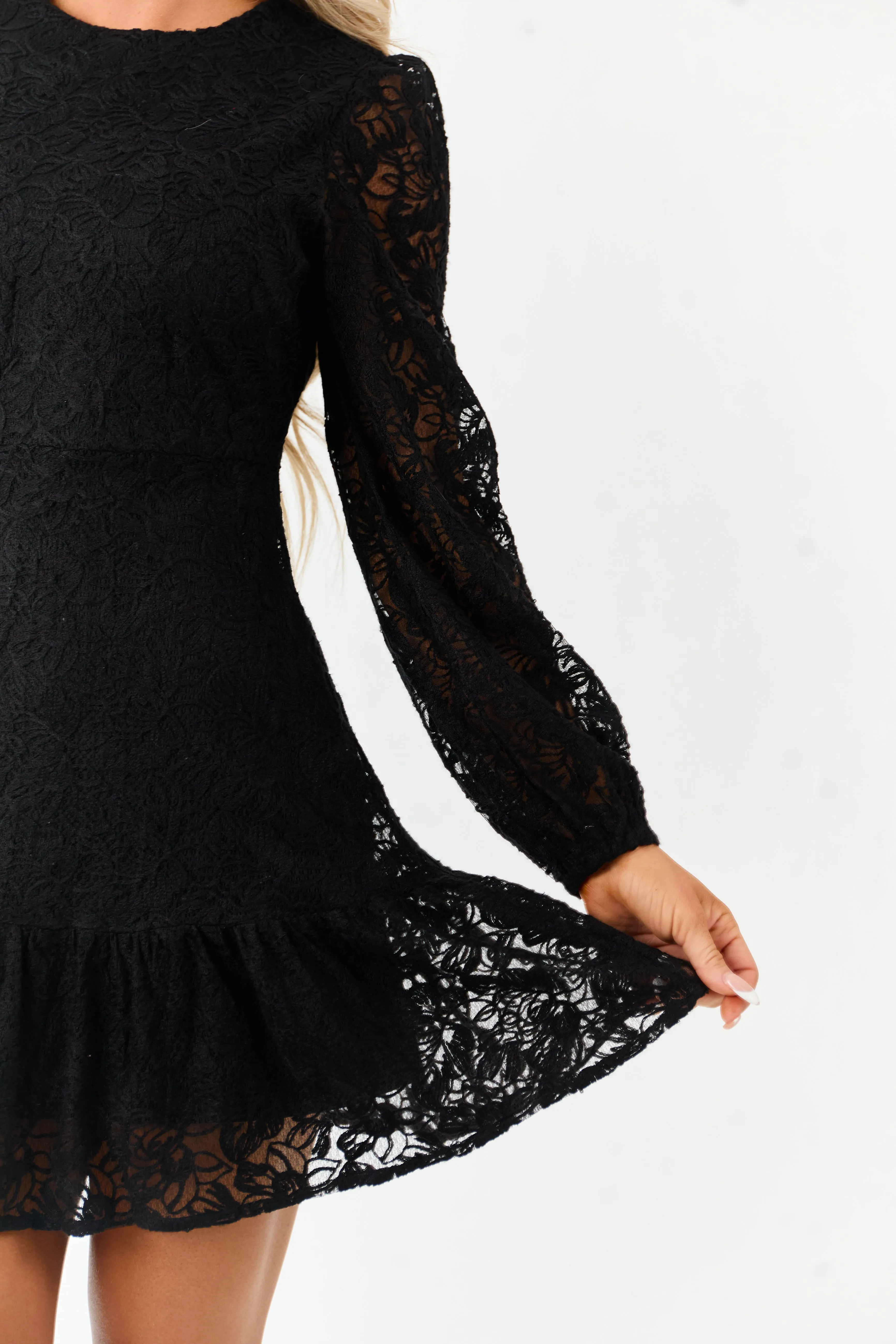 Black Floral Lace Long Sleeve Ruffle Hem Mini Dress sold by Lime Lush product image thumbnail 5