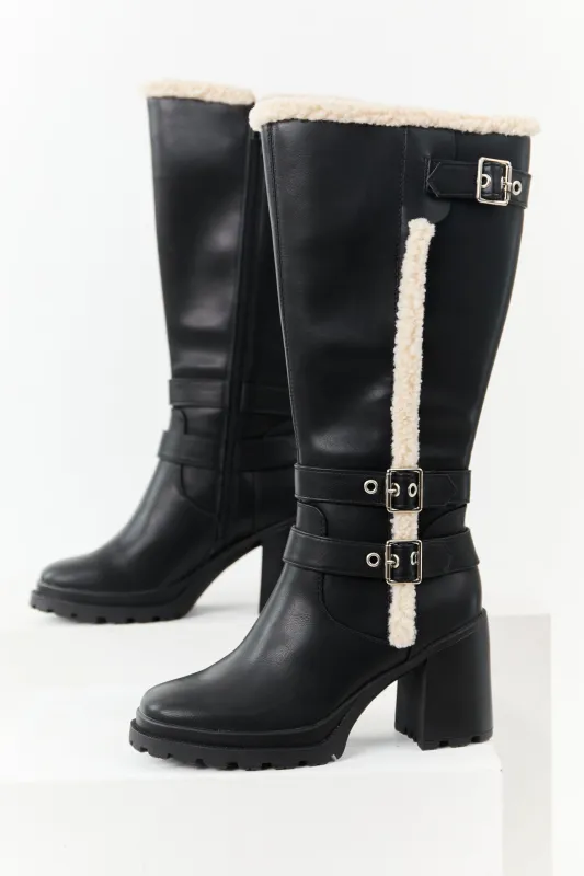 Black Faux Leather Sherpa Lined Tall Platform Boots sold by Lime Lush