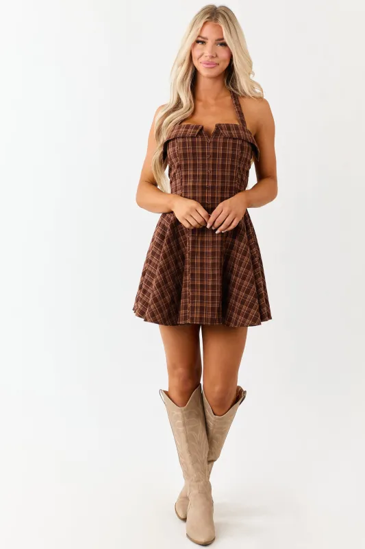 Cocoa Cotton Plaid Halter Neck Tie Mini Dress made by Day + Moon