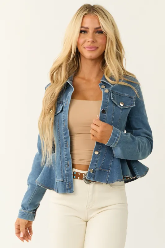Medium Wash Denim Button Up Peplum Jacket sold by Lime Lush