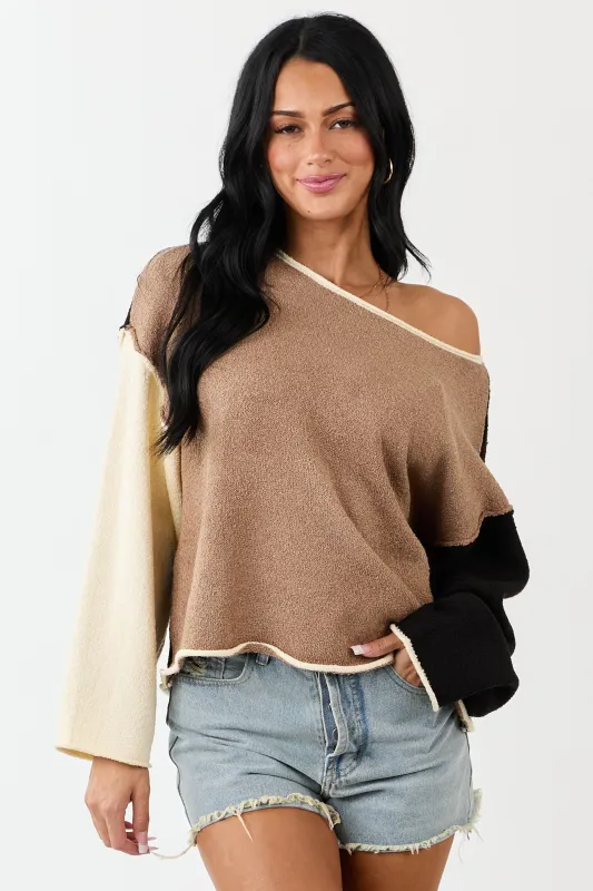 Peanut Colorblock Rolled Seam Textured Sweater sold by Lime Lush