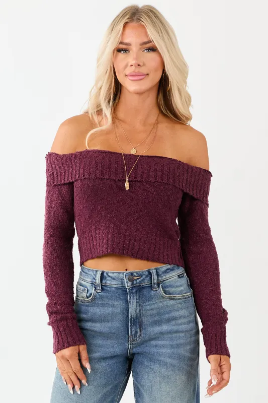 Maroon Off Shoulder Ribbed Trim Crop Sweater made by HYFVE