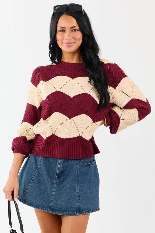 Listicle Wine Wavy Striped Open Knit Sweater sold by Lime Lush