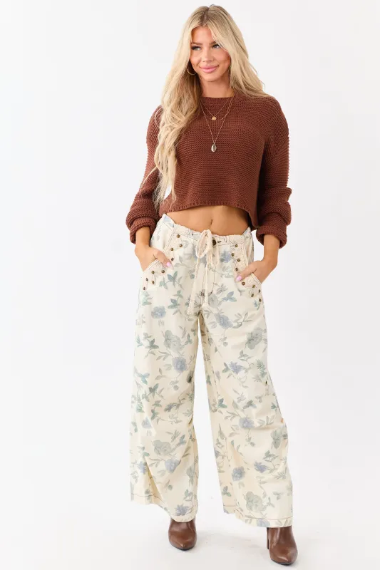 POL Cream Floral Print Wide Drawstring Denim Pants sold by Lime Lush