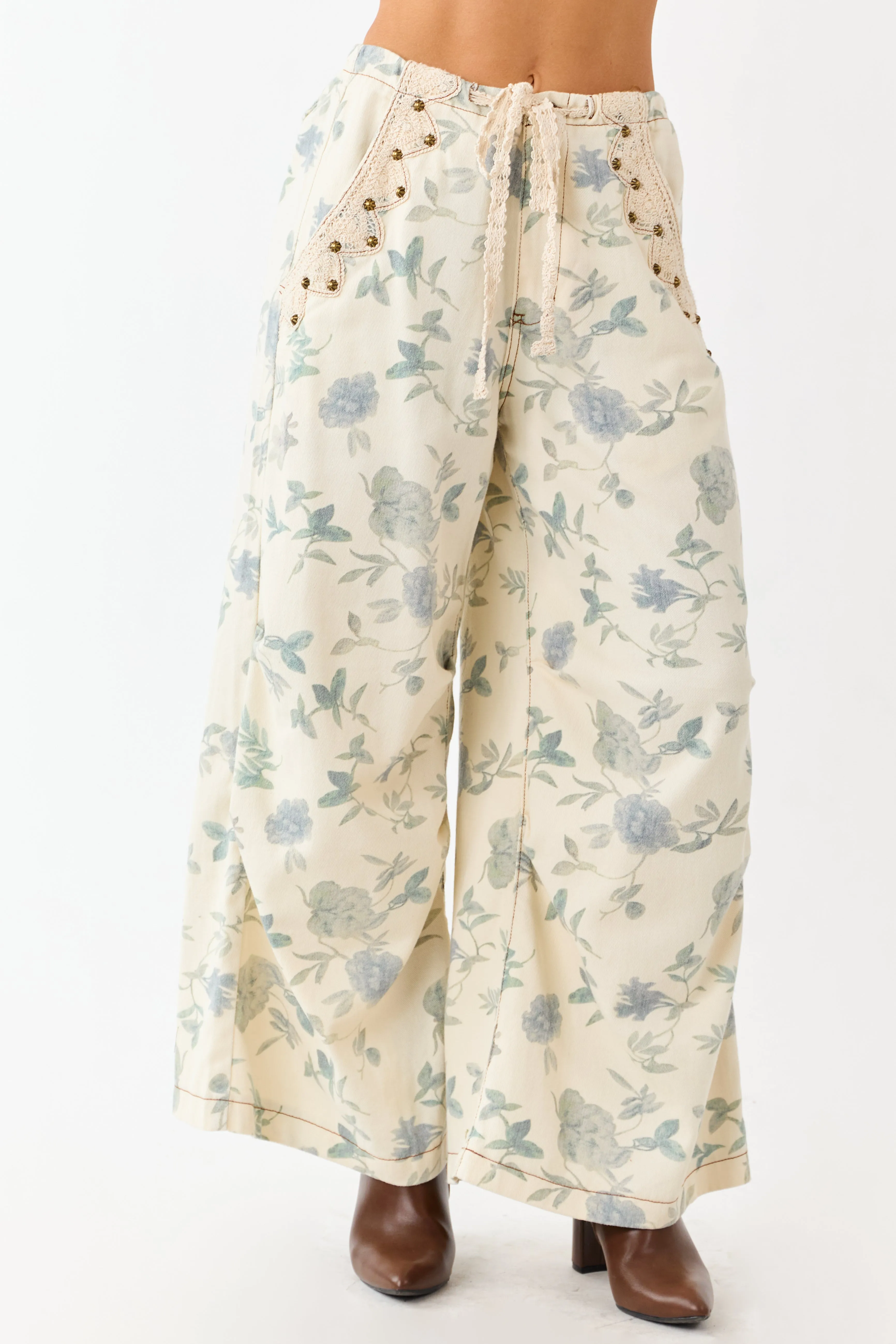 POL Cream Floral Print Wide Drawstring Denim Pants sold by Lime Lush product image thumbnail 2