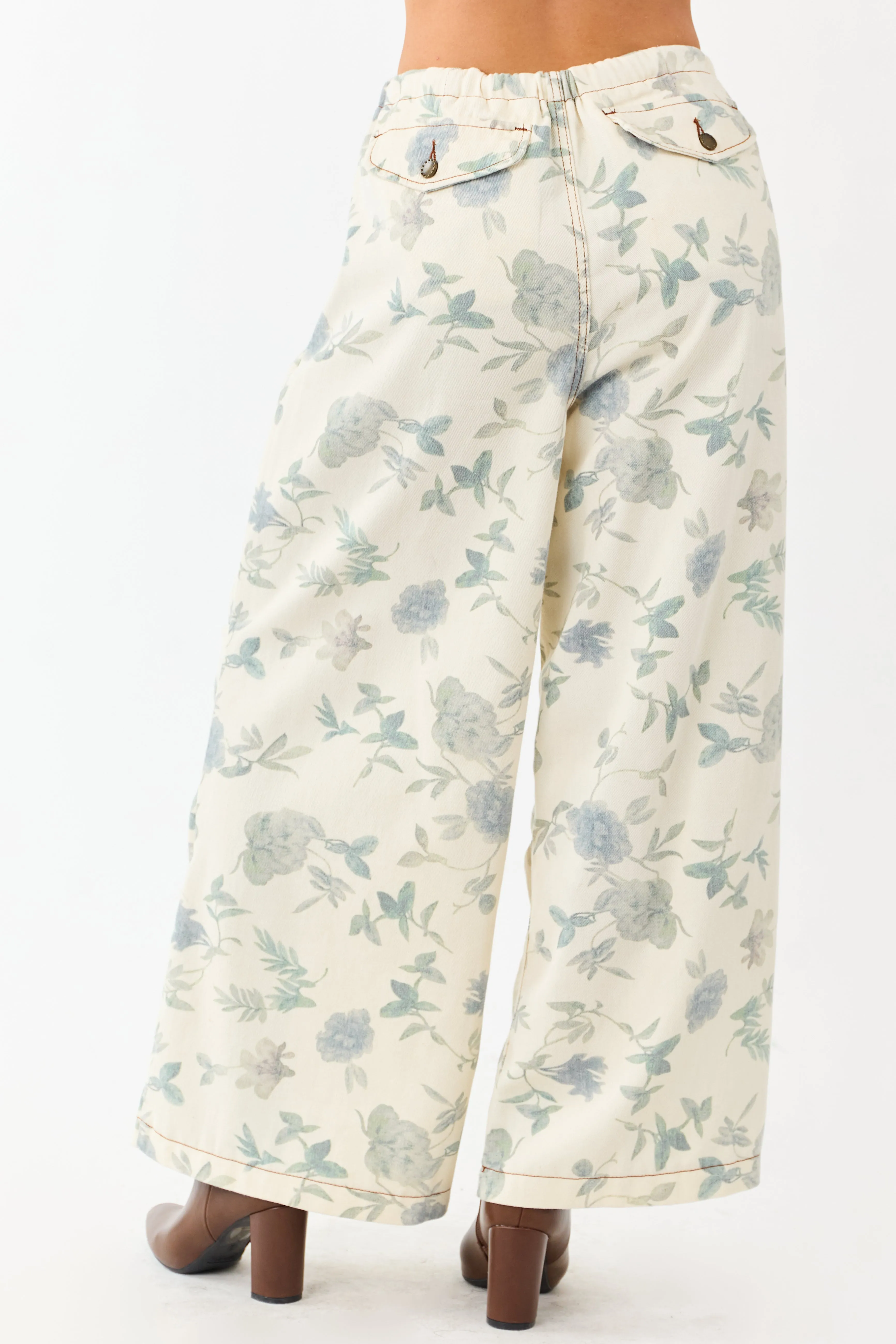 POL Cream Floral Print Wide Drawstring Denim Pants sold by Lime Lush product image thumbnail 4