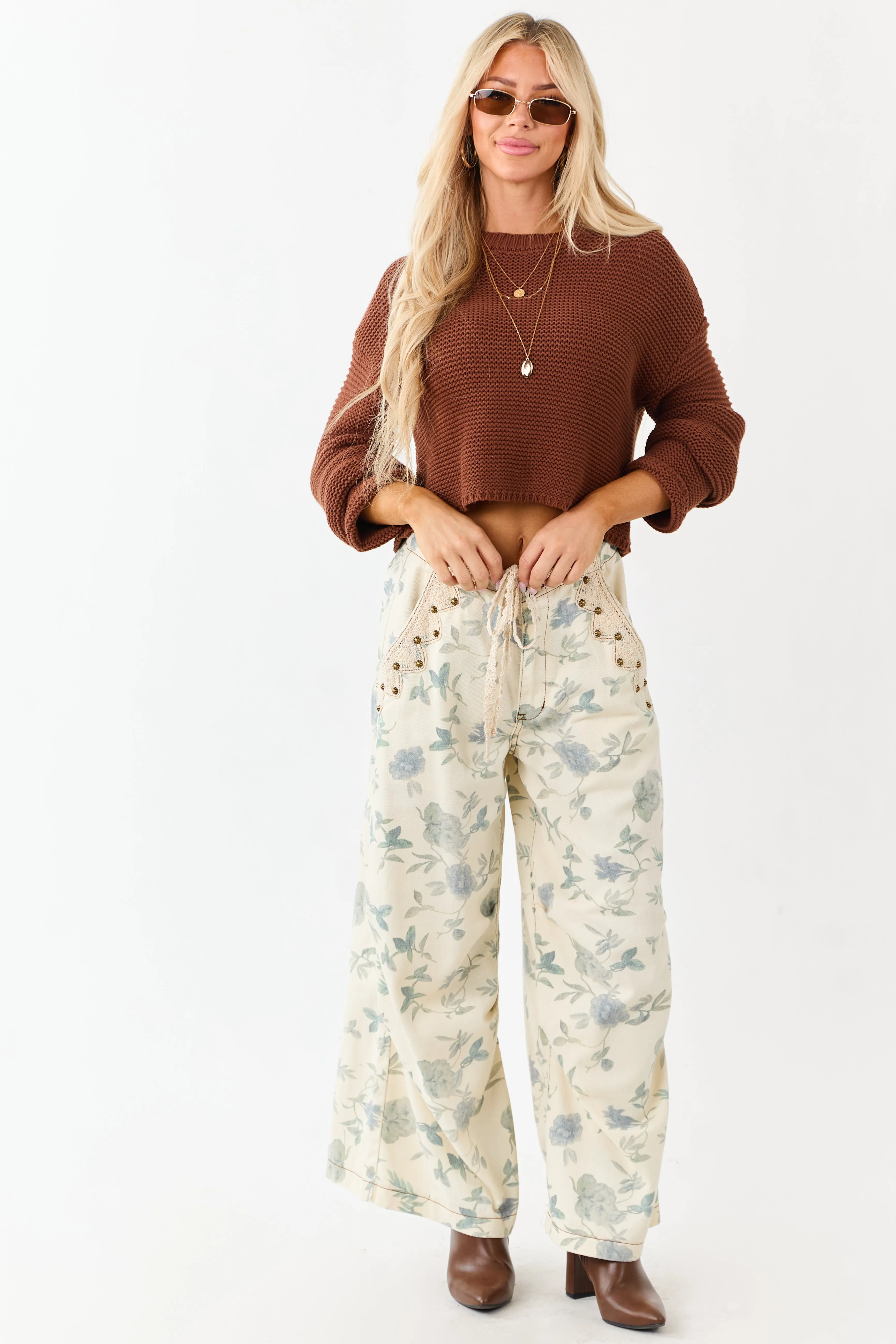 POL Cream Floral Print Wide Drawstring Denim Pants sold by Lime Lush product image thumbnail 5