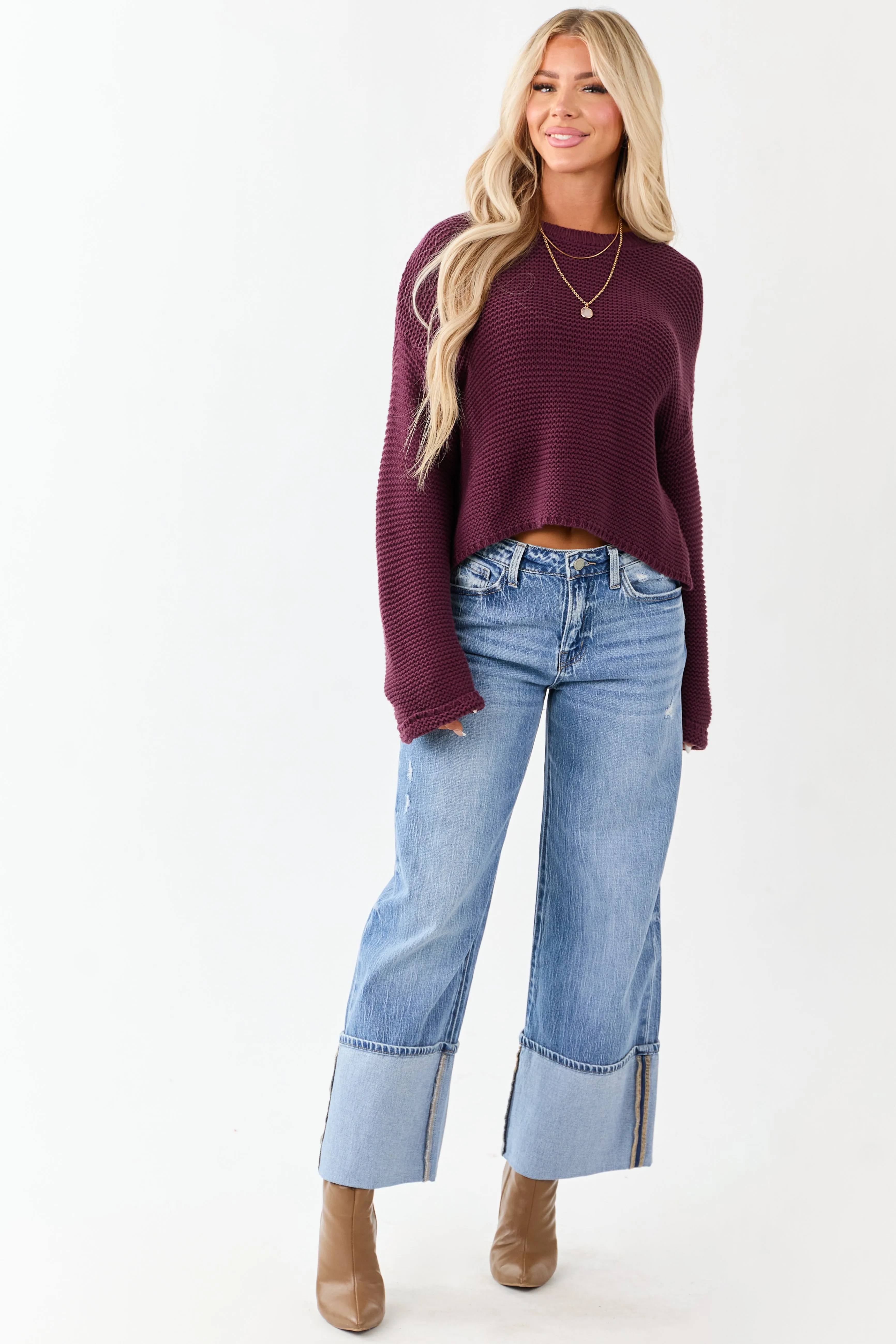 Plum Textured Knit Long Sleeve Crop Sweater sold by Lime Lush product image thumbnail 3