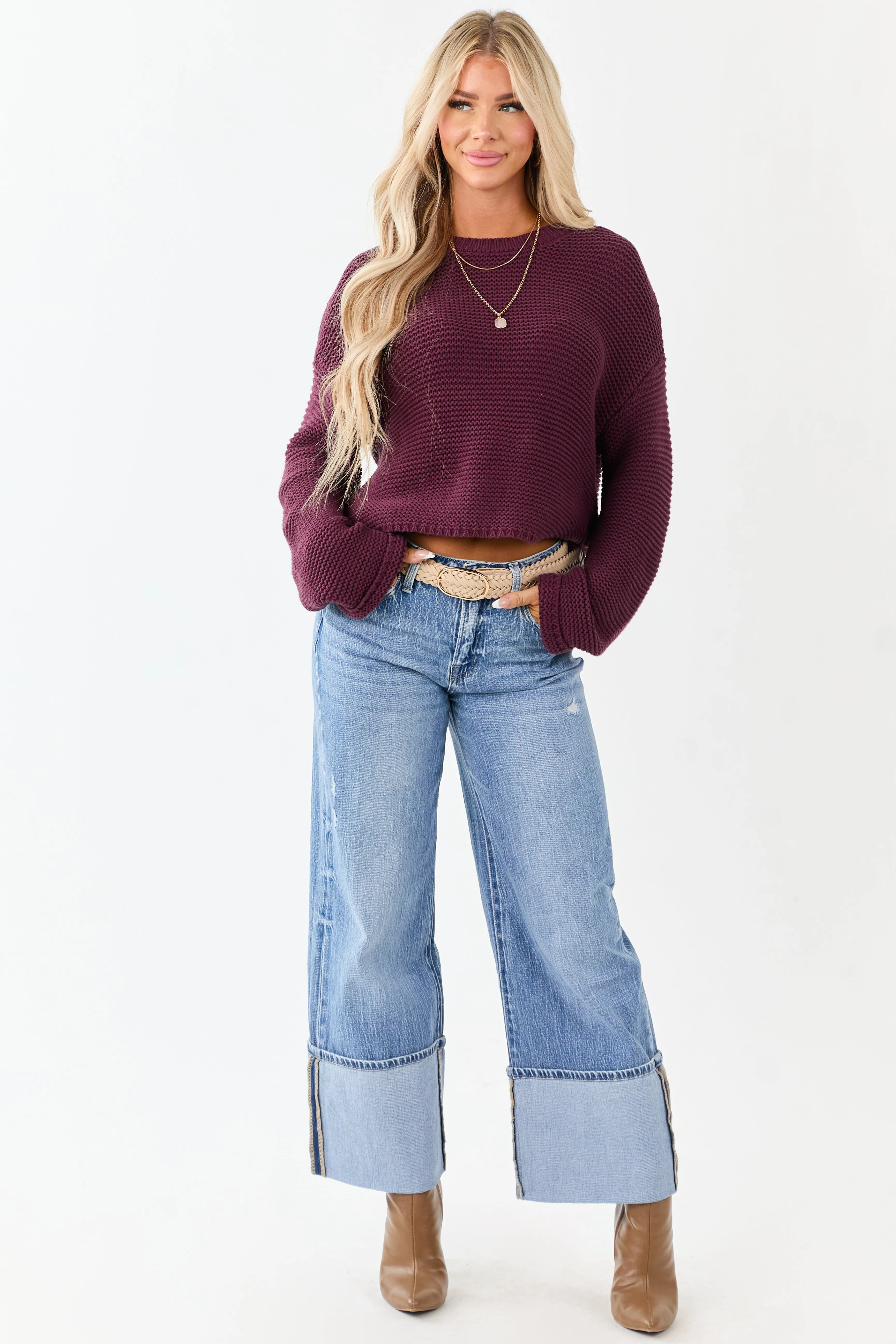 Plum Textured Knit Long Sleeve Crop Sweater sold by Lime Lush product image thumbnail 2