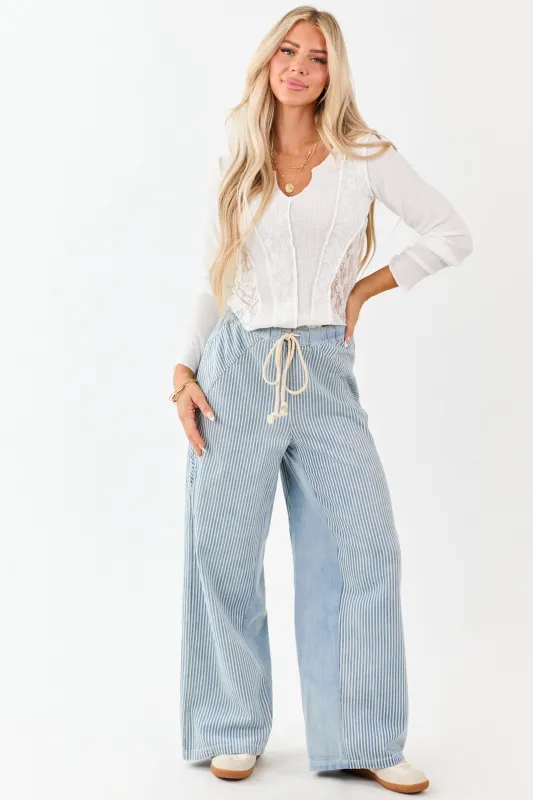 Light Wash Railroad Stripe Wide Leg Denim Pants sold by Lime Lush