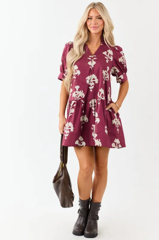 Entro Maroon Floral Puff Sleeve Cotton Mini Dress made by entro