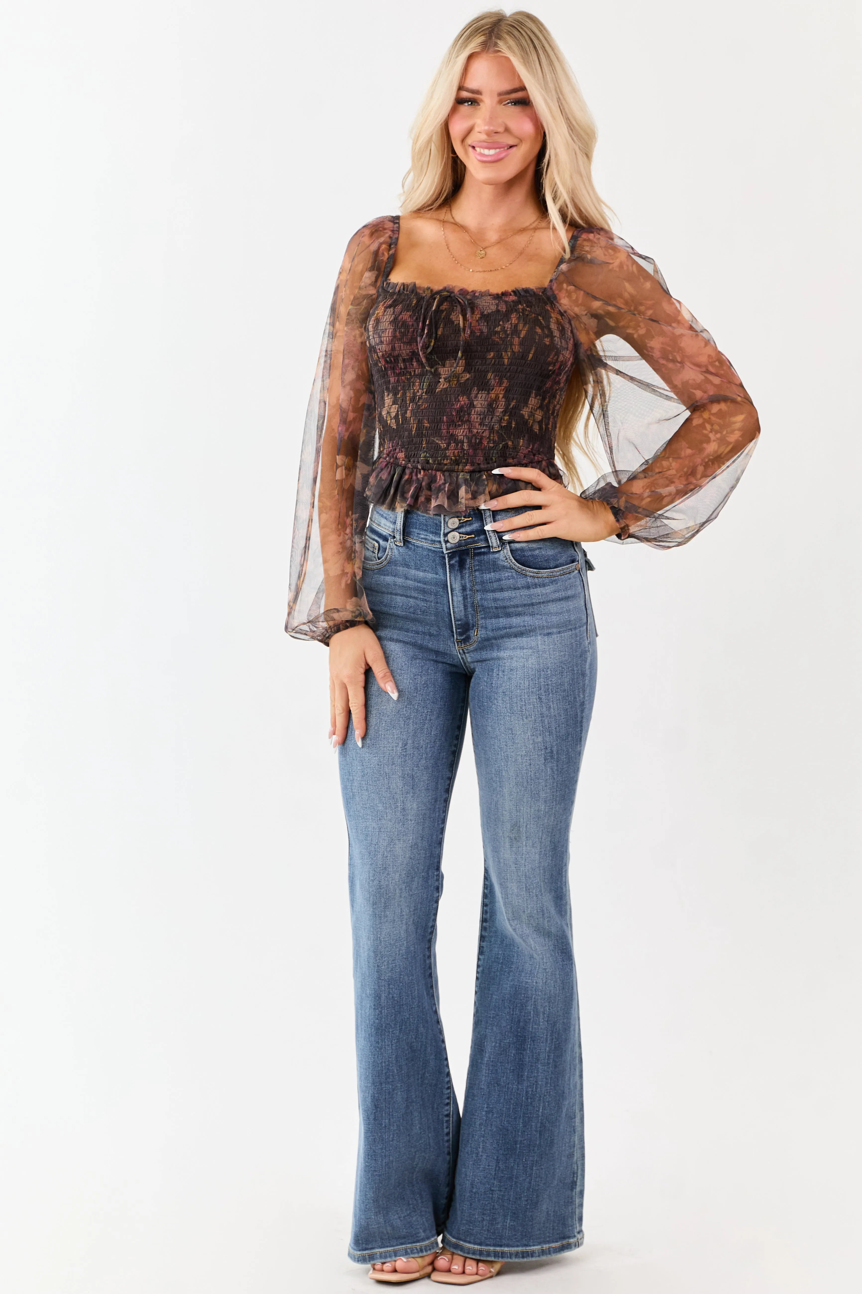 Cocoa Floral Print Ruffle Smocked Tulle Crop Top sold by Lime Lush product image thumbnail 2