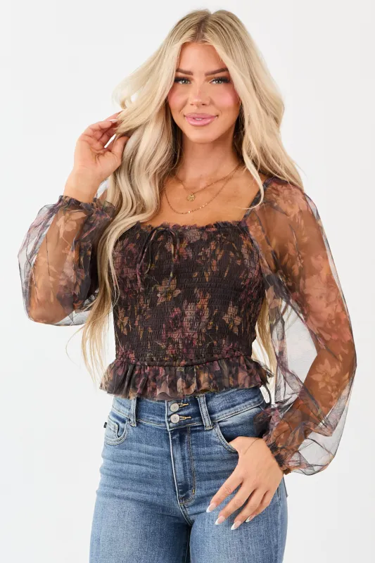 Cocoa Floral Print Ruffle Smocked Tulle Crop Top sold by Lime Lush