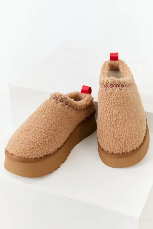Camel Sherpa Platform Slippers sold by Lime Lush
