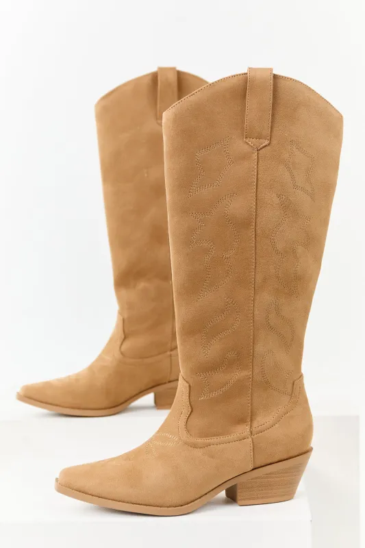 Camel Faux Suede Western Embroidered Tall Boots sold by Lime Lush