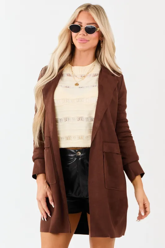 Walnut Faux Suede Open Front Jacket sold by Lime Lush