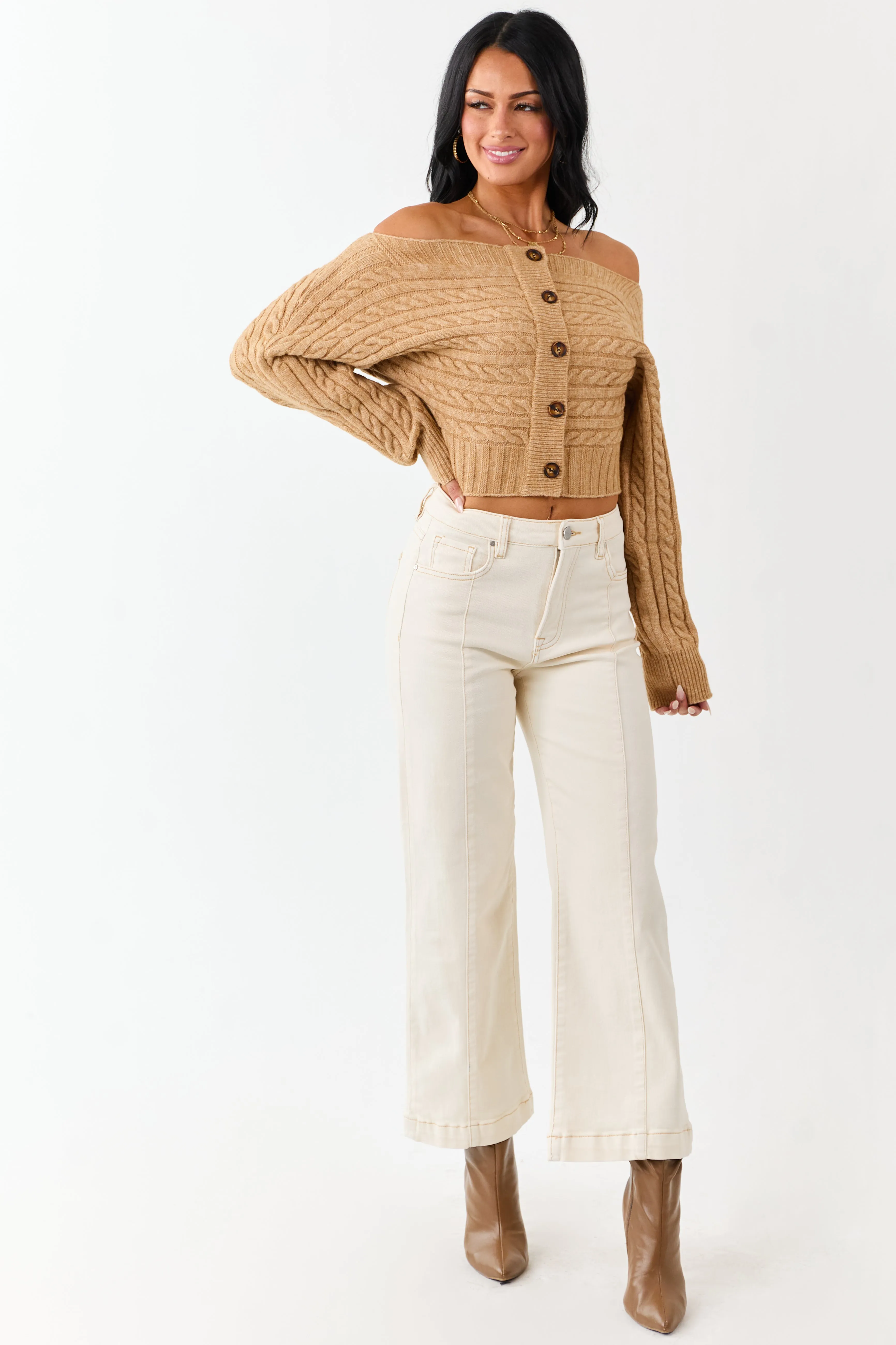 Copper Cable Knit Boatneck Cropped Cardigan sold by Lime Lush product image thumbnail 3