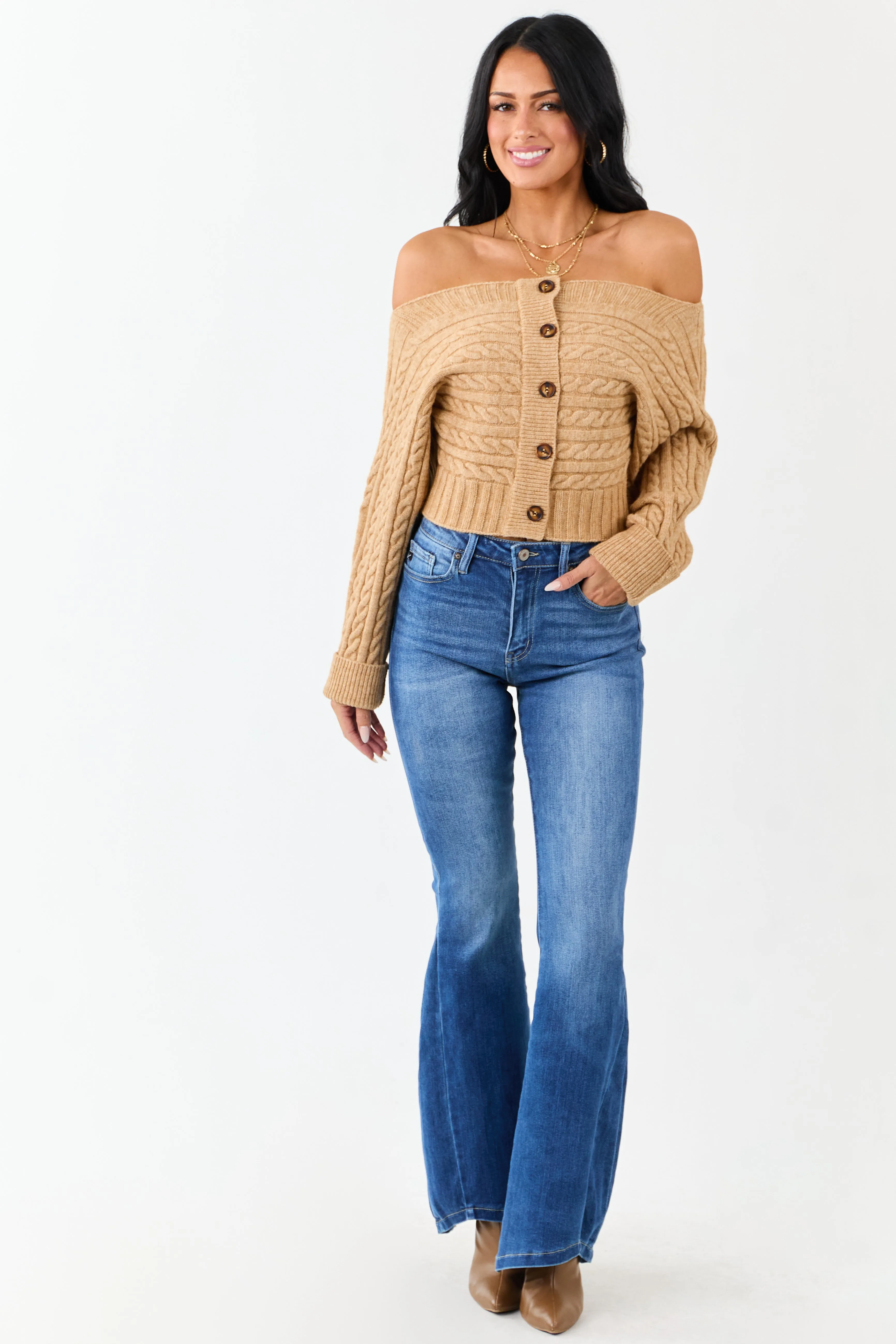 Copper Cable Knit Boatneck Cropped Cardigan sold by Lime Lush product image thumbnail 4