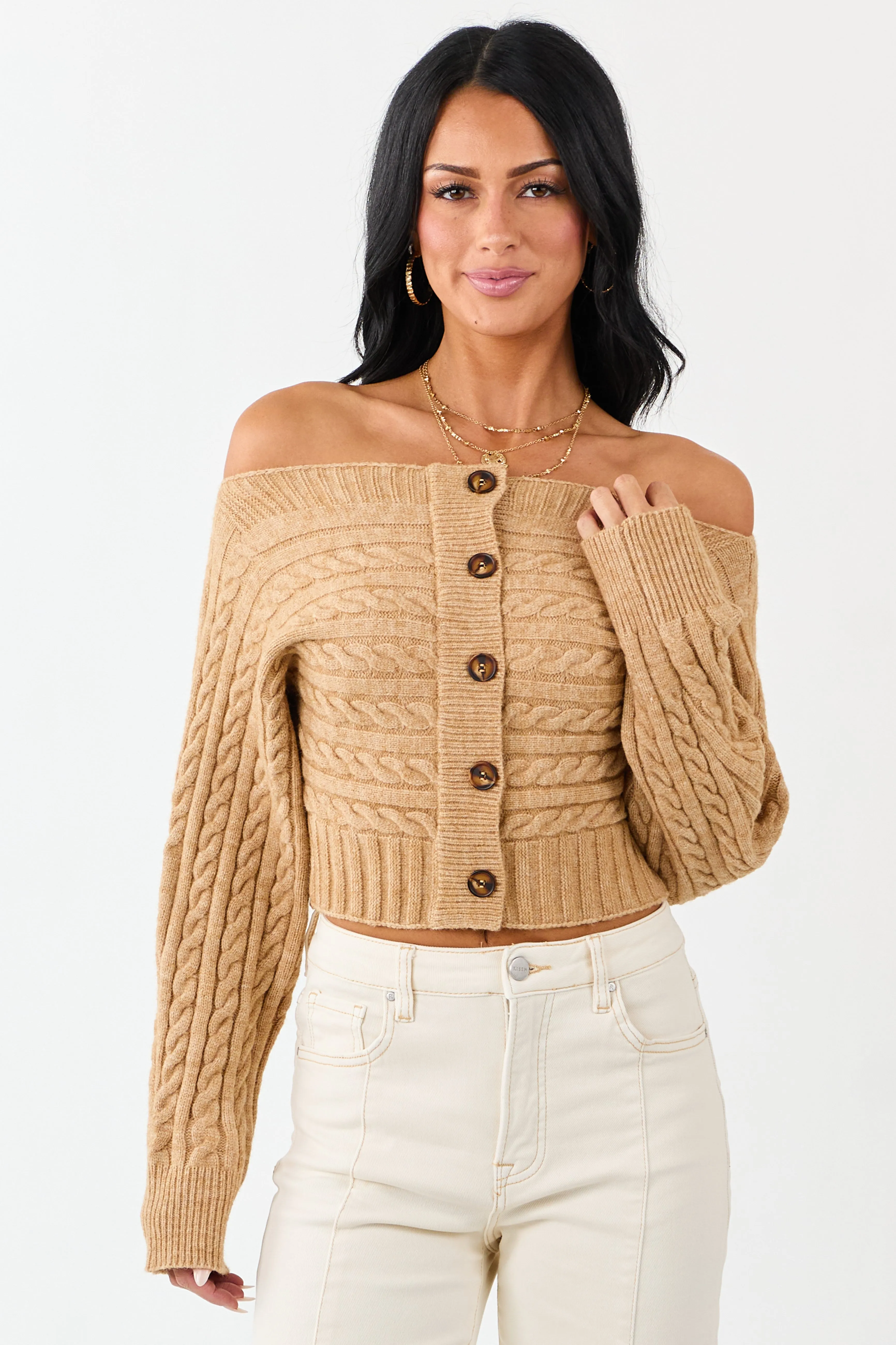 Copper Cable Knit Boatneck Cropped Cardigan sold by Lime Lush