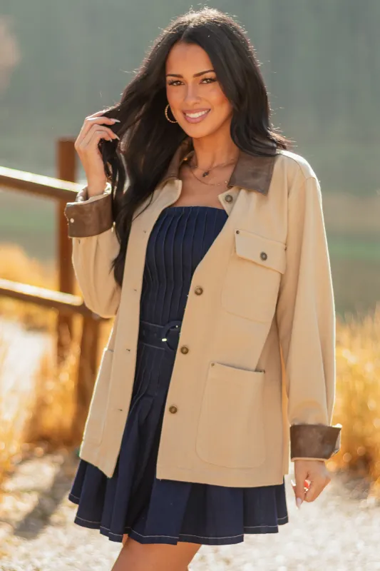 Entro Sand Denim Button Up Contrast Collar Jacket sold by Lime Lush