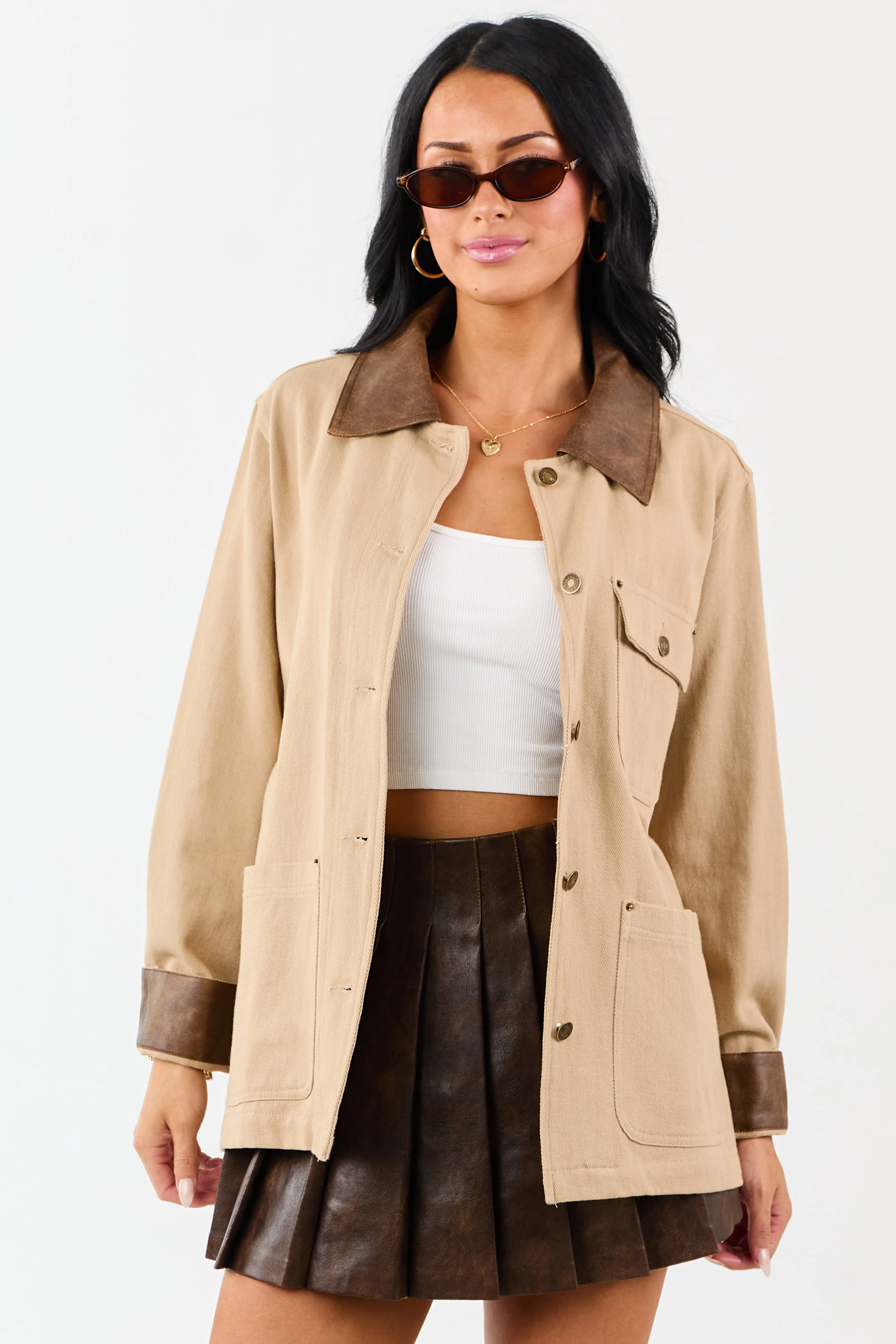 Entro Sand Denim Button Up Contrast Collar Jacket sold by Lime Lush product image thumbnail 2