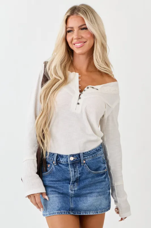 POL Ivory Half Button Down Lace Detail Top sold by Lime Lush