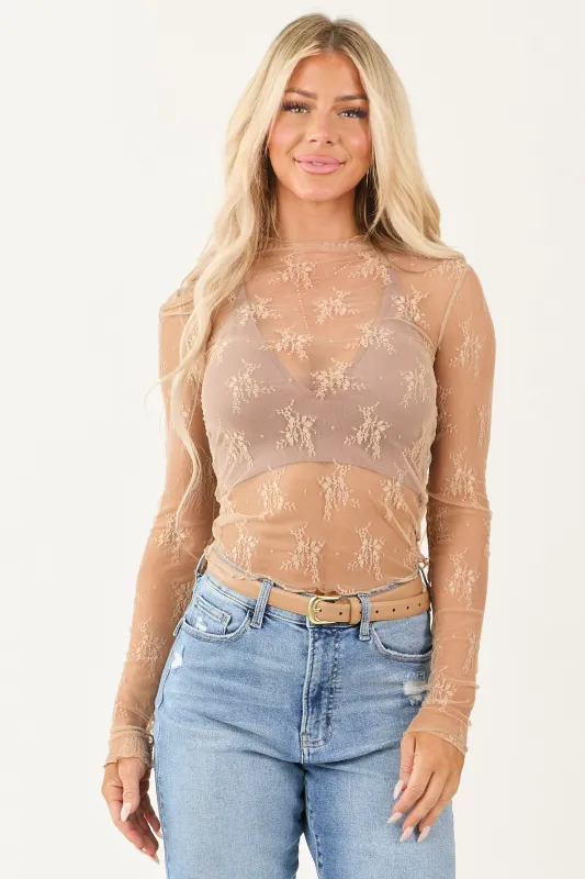 Listicle Beige Floral Mesh Lace Long Sleeve Top sold by Lime Lush