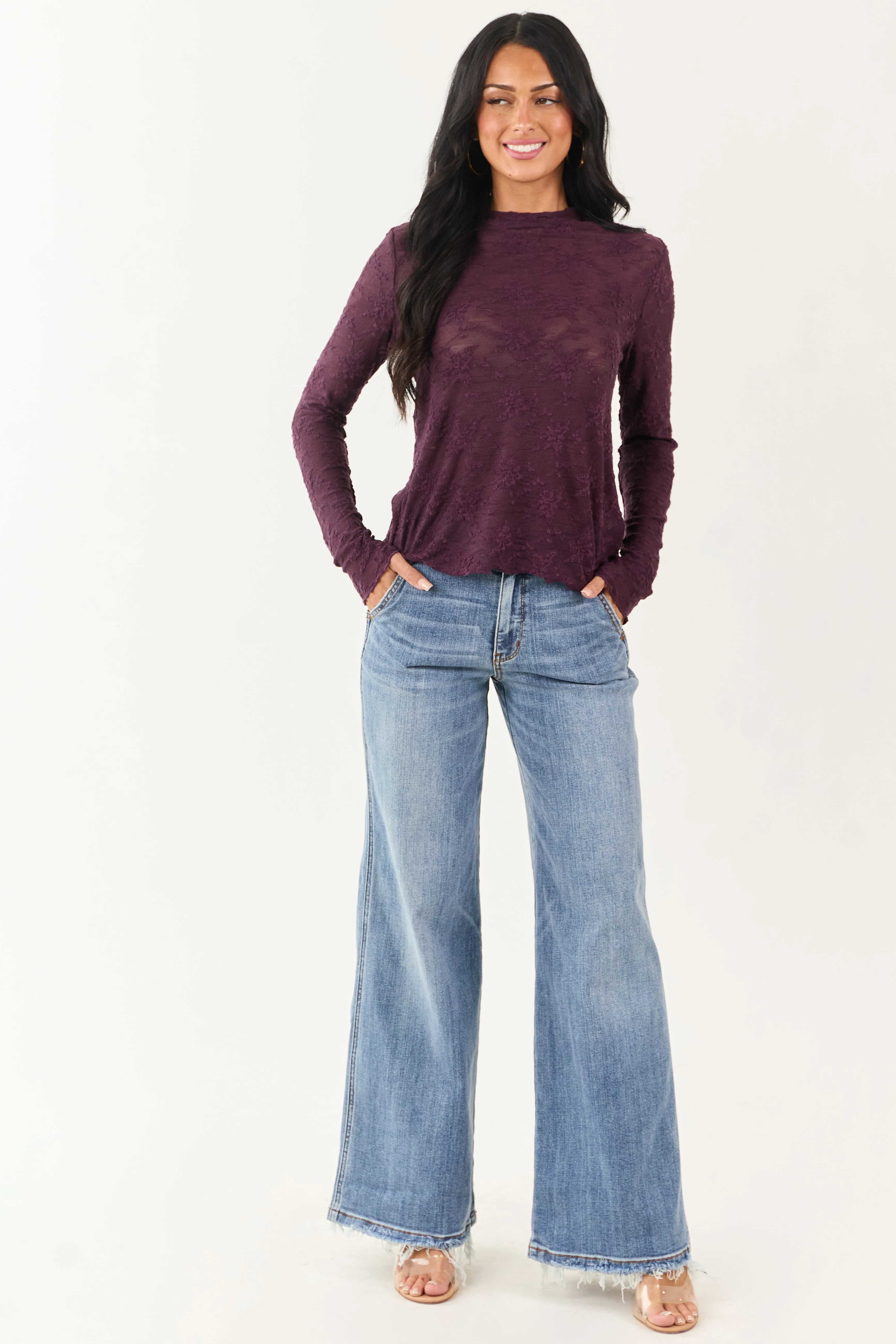 Deep Plum Floral Lace Mock Neck Long Sleeve Top sold by Lime Lush product image thumbnail 3