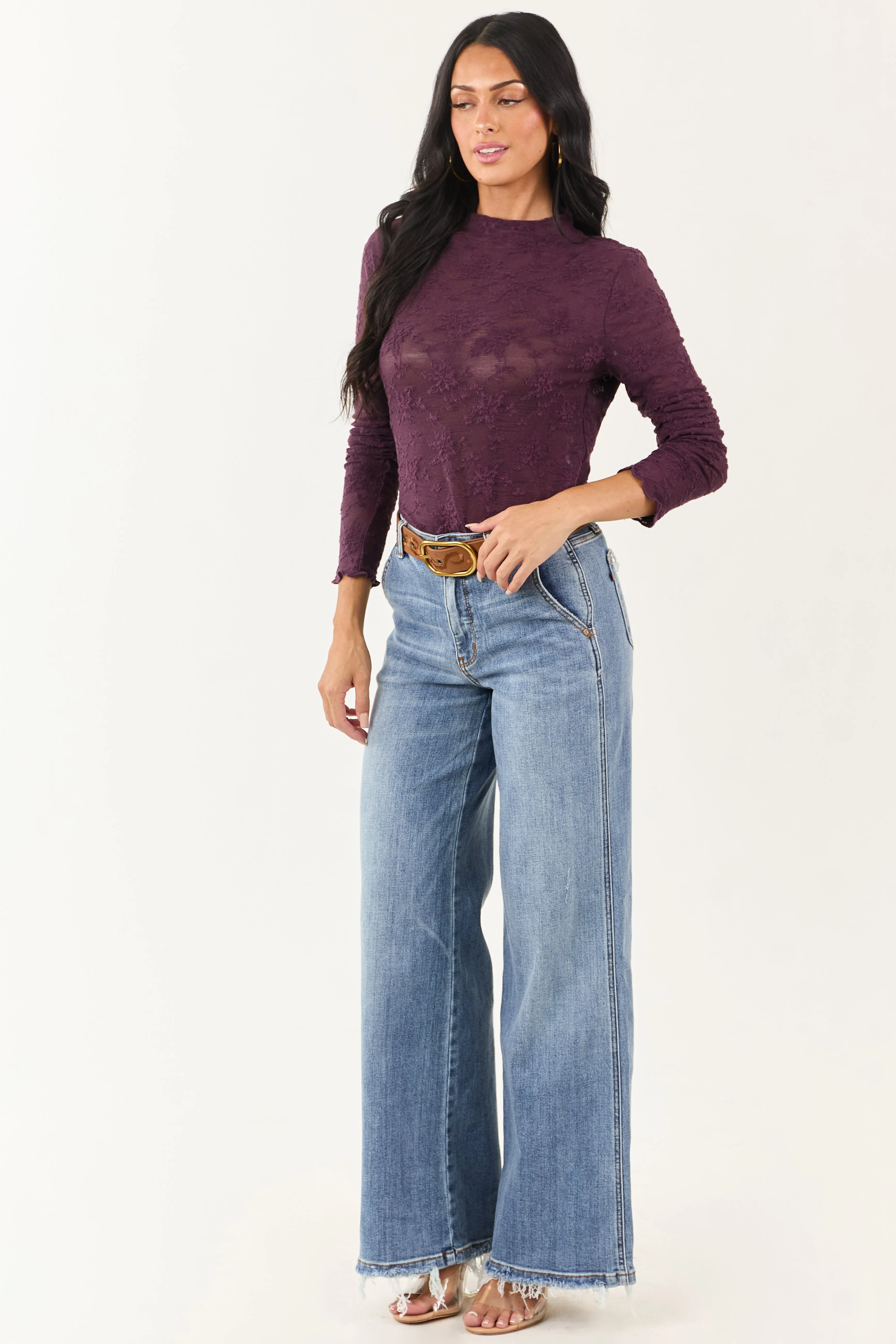 Deep Plum Floral Lace Mock Neck Long Sleeve Top sold by Lime Lush product image thumbnail 2