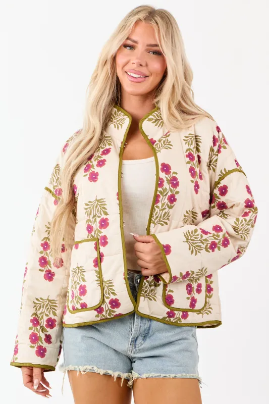 Entro Almond Floral Print Quilt Puff Cotton Jacket sold by Lime Lush