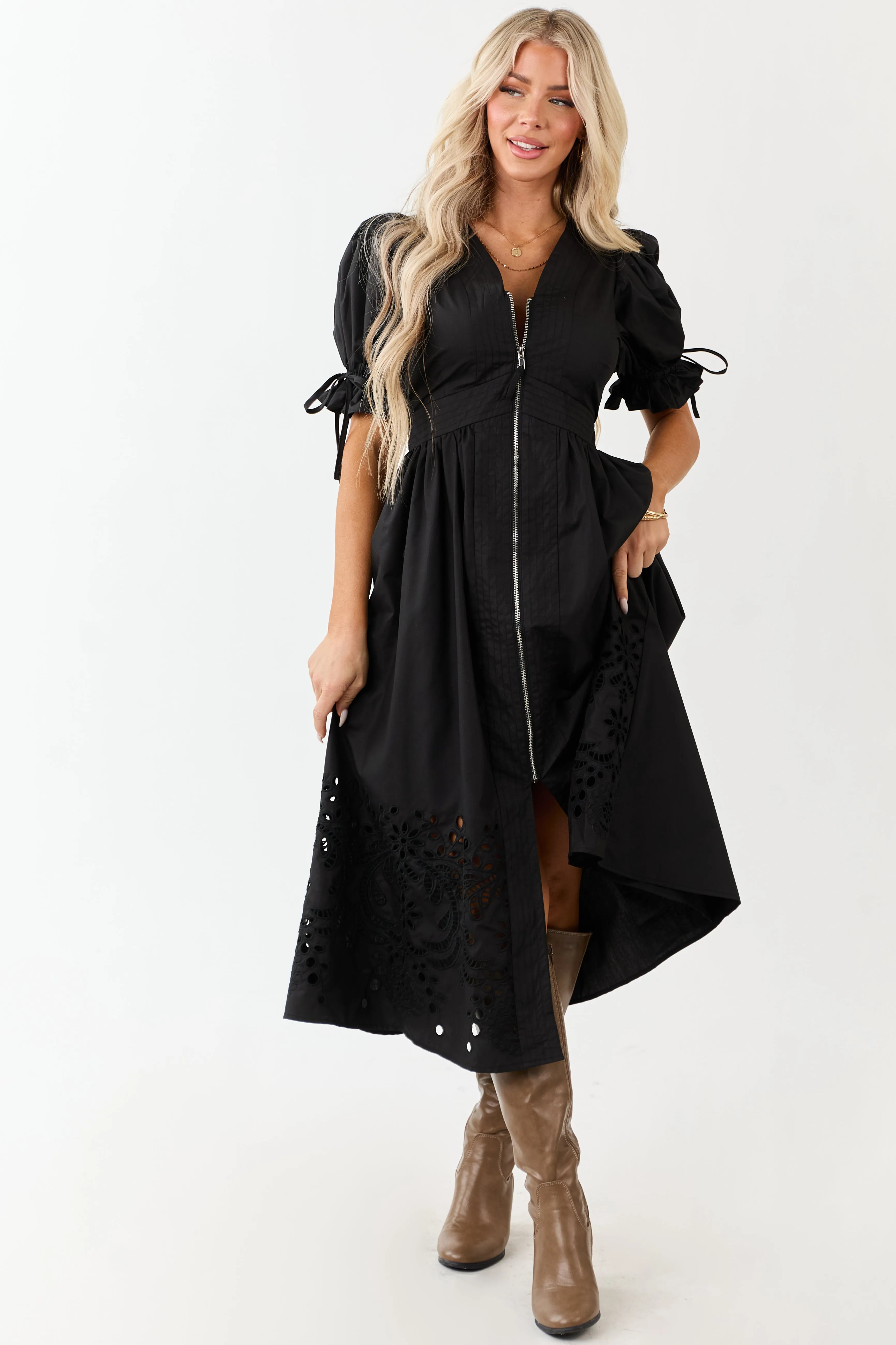 Entro Black Zip Up Short Puff Sleeve Midi Dress sold by Lime Lush product image thumbnail 3