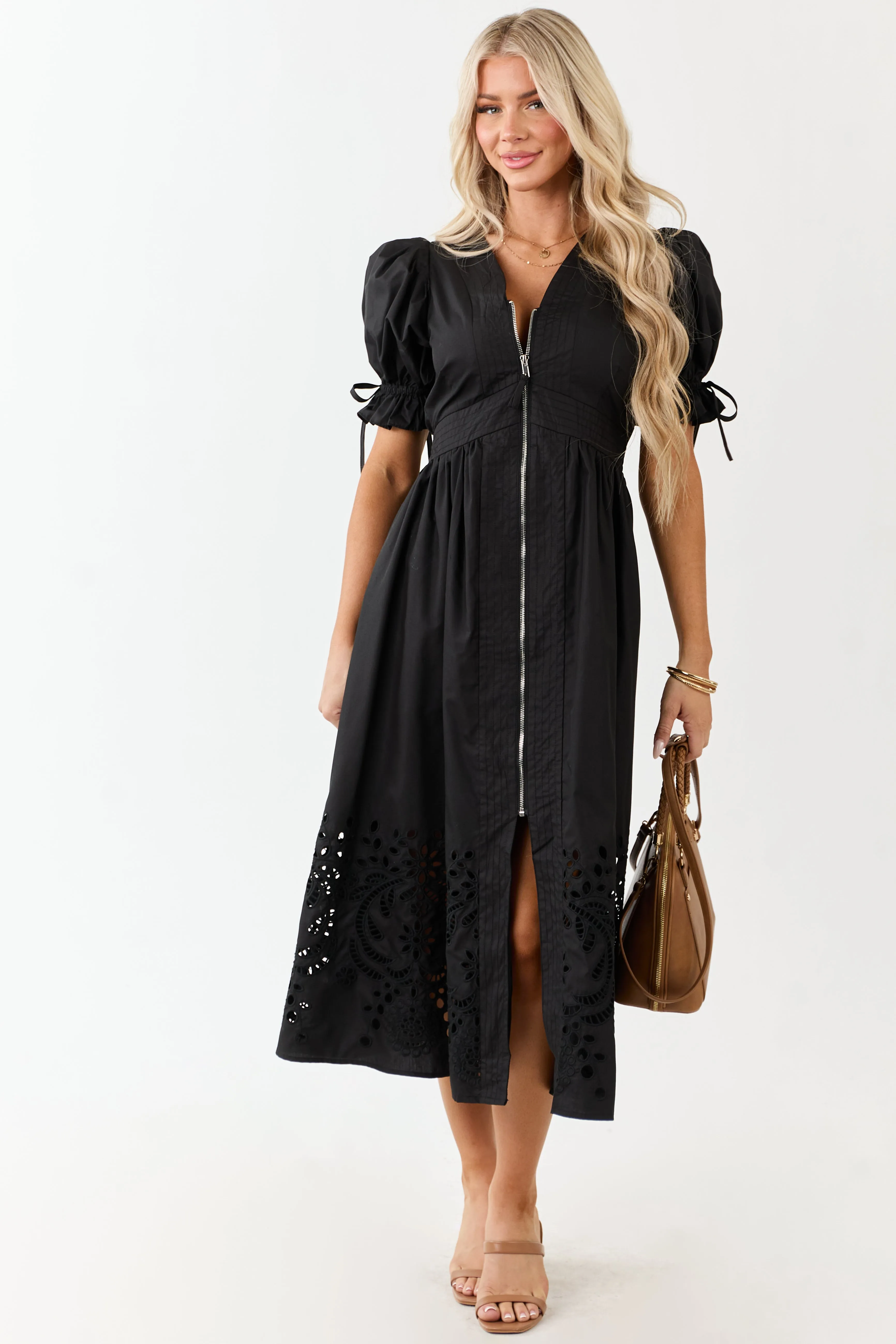 Entro Black Zip Up Short Puff Sleeve Midi Dress sold by Lime Lush product image thumbnail 4