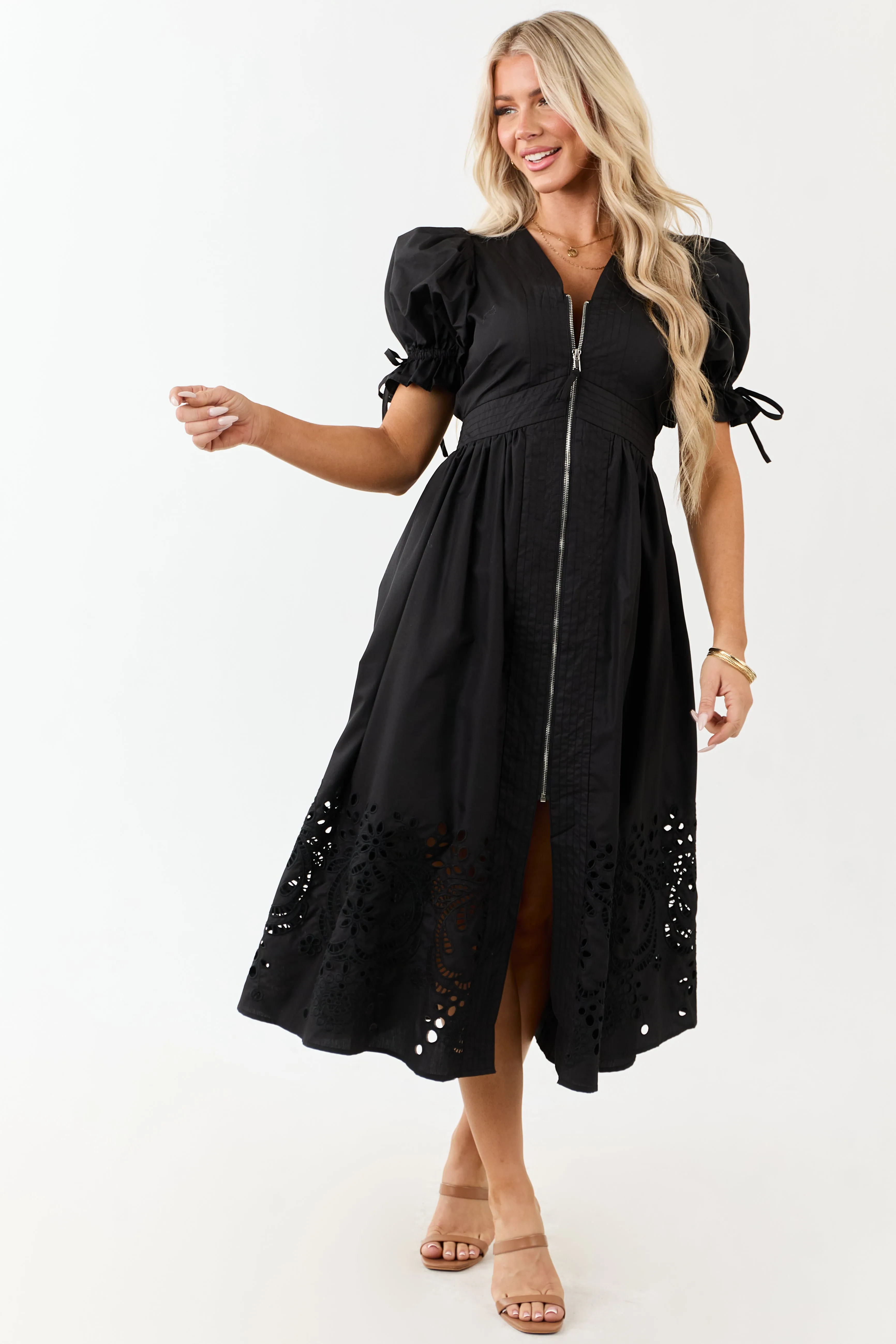 Entro Black Zip Up Short Puff Sleeve Midi Dress sold by Lime Lush product image thumbnail 5