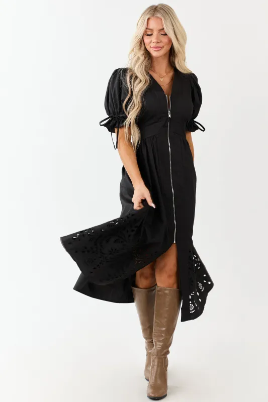 Entro Black Zip Up Short Puff Sleeve Midi Dress sold by Lime Lush