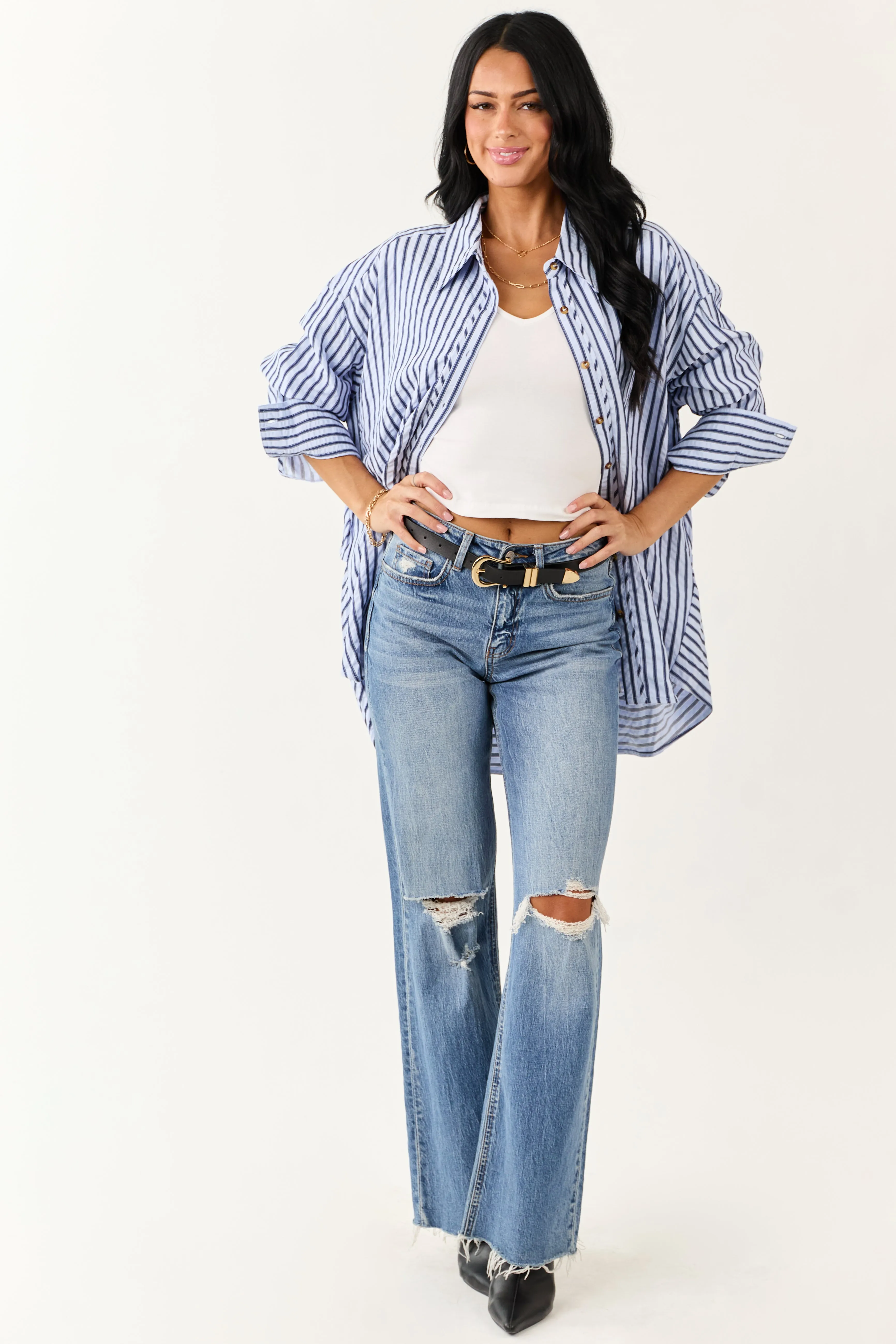Entro Sky Blue Striped Long Sleeve Button Up Top sold by Lime Lush product image thumbnail 2