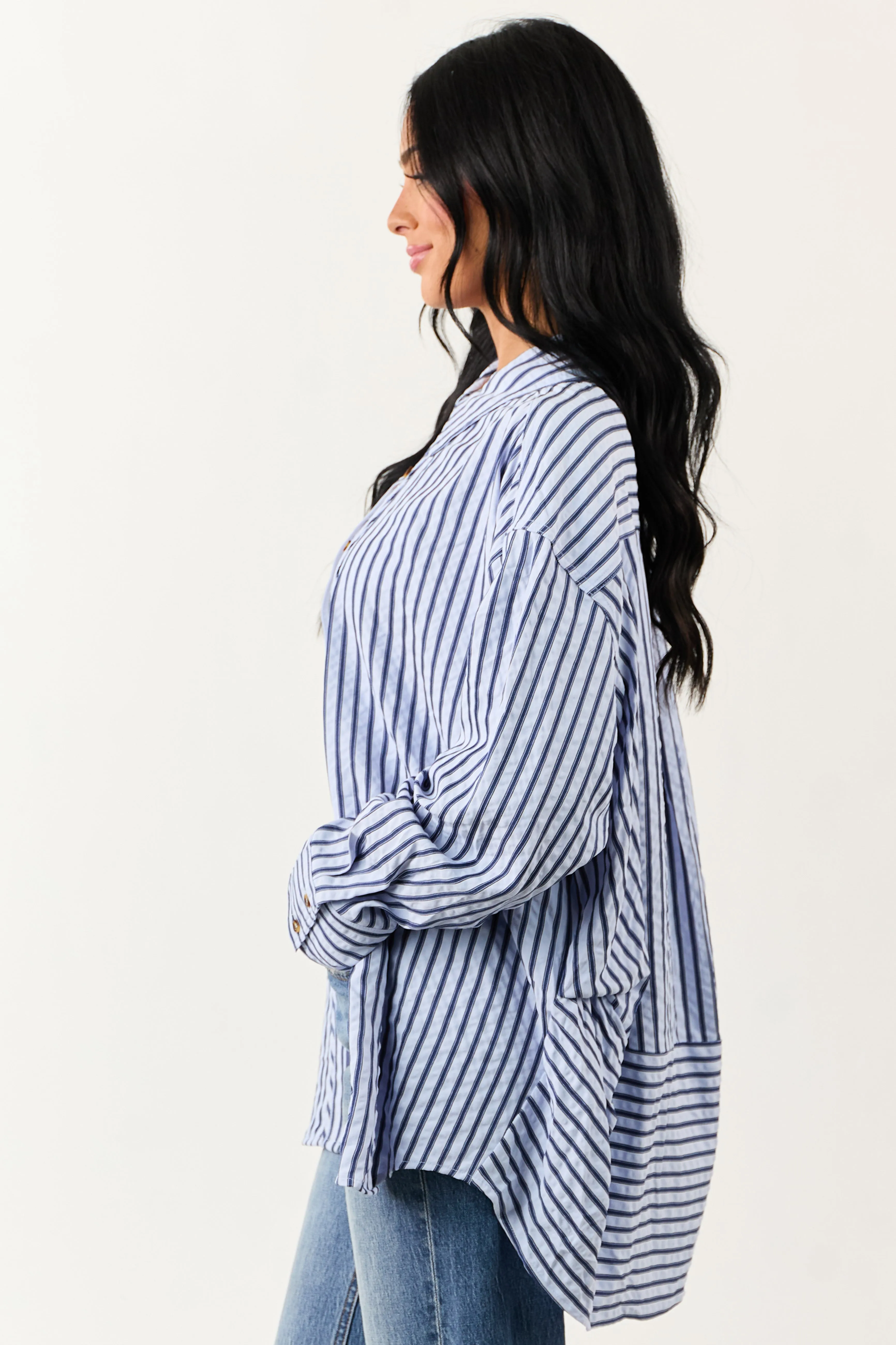 Entro Sky Blue Striped Long Sleeve Button Up Top sold by Lime Lush product image thumbnail 5