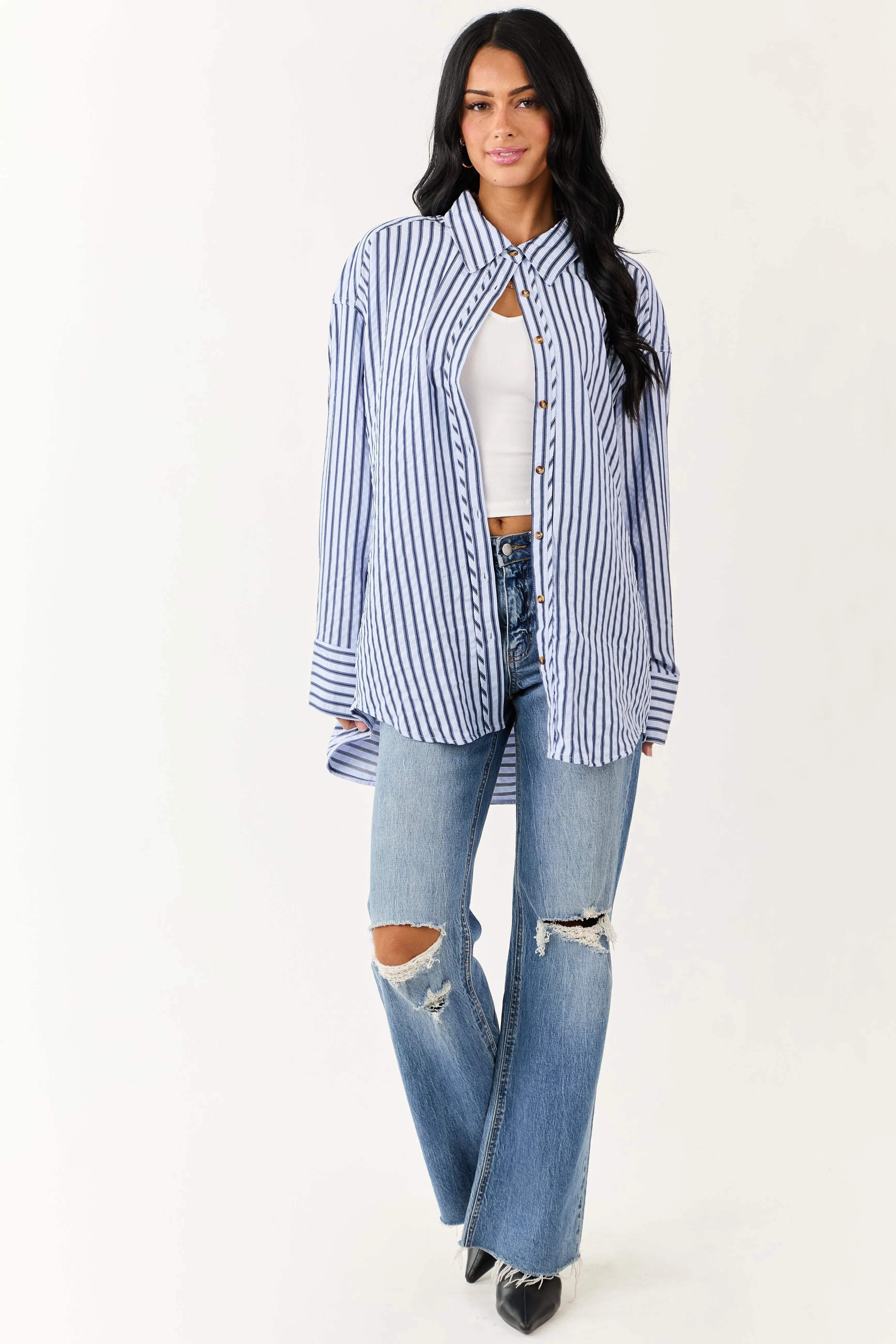 Entro Sky Blue Striped Long Sleeve Button Up Top sold by Lime Lush product image thumbnail 4