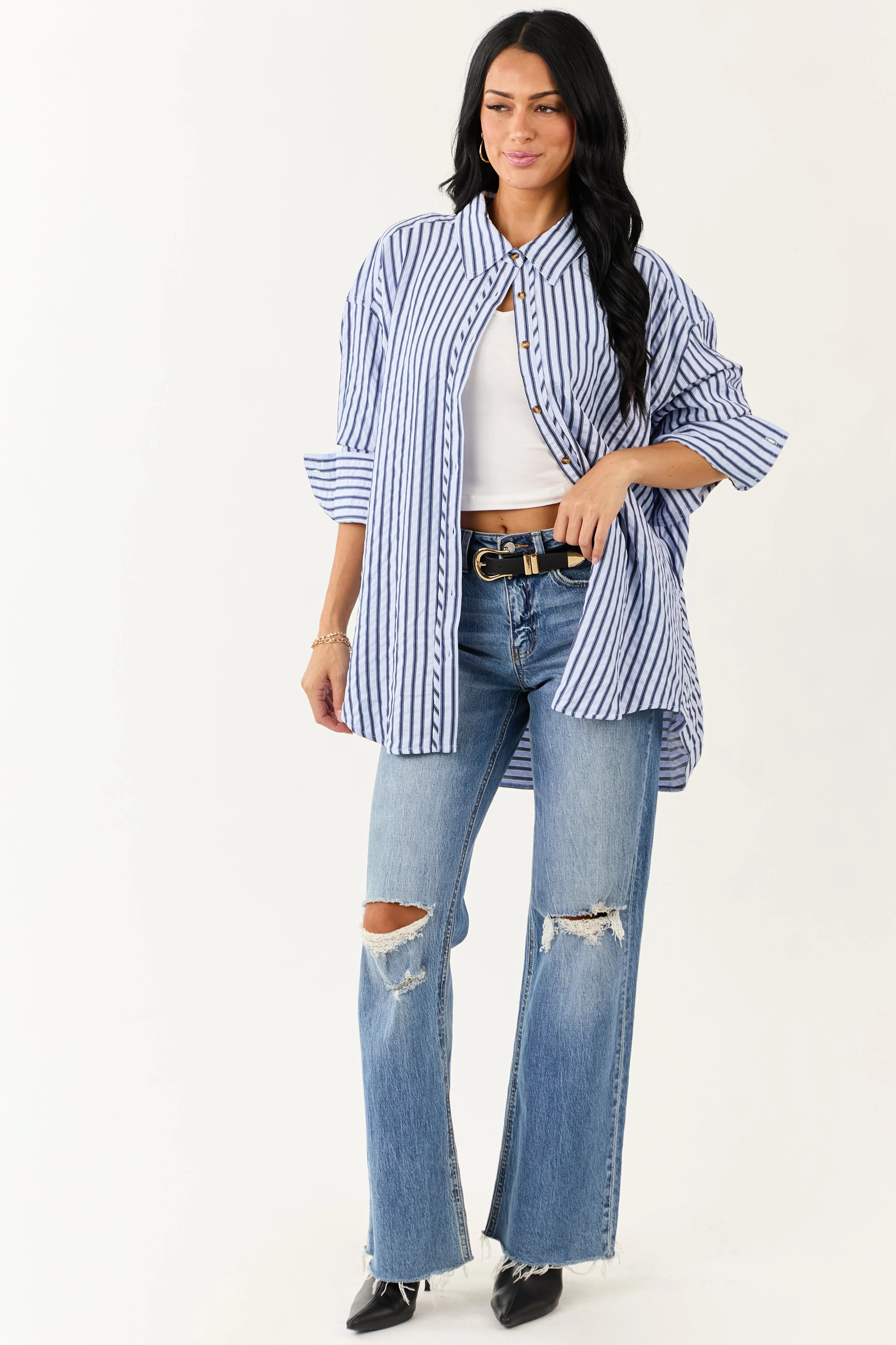 Entro Sky Blue Striped Long Sleeve Button Up Top sold by Lime Lush product image thumbnail 3